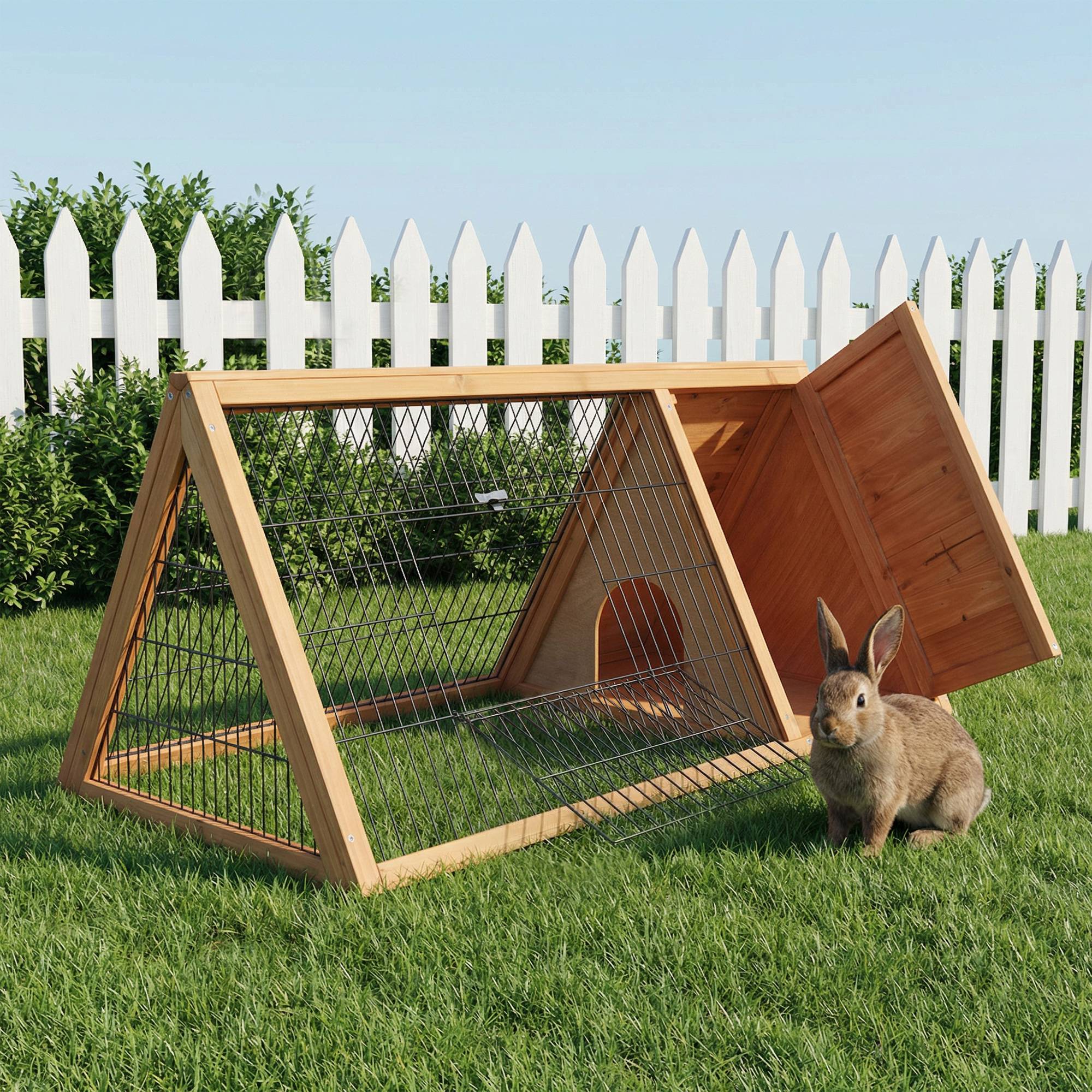 Cage à lapin triangulaire en bois naturel, 116 x 62,2 x 52,5 cm, avec portes et grillage métallique. - Image 9