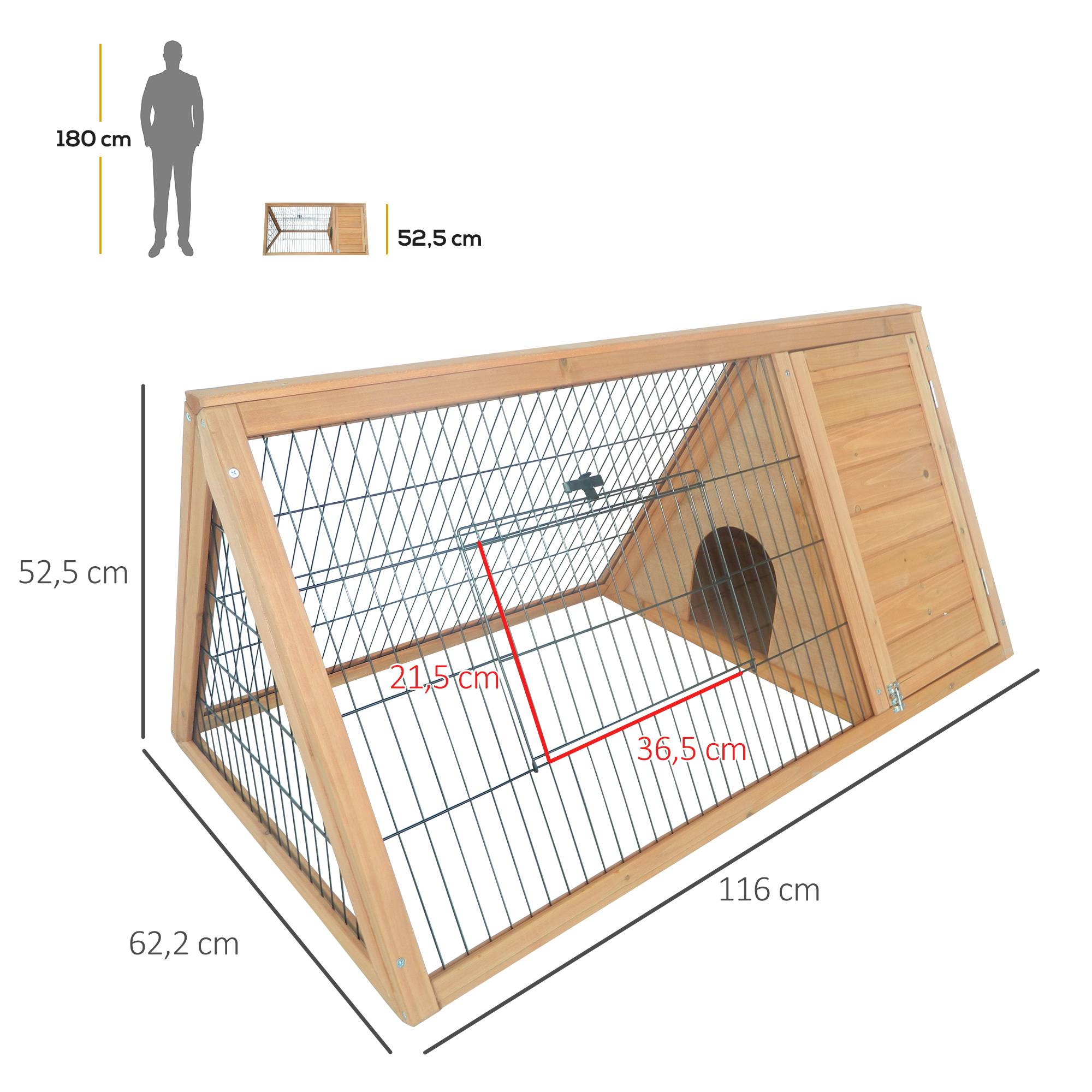 Cage à lapin triangulaire en bois naturel, 116 x 62,2 x 52,5 cm, avec portes et grillage métallique. - Image 5