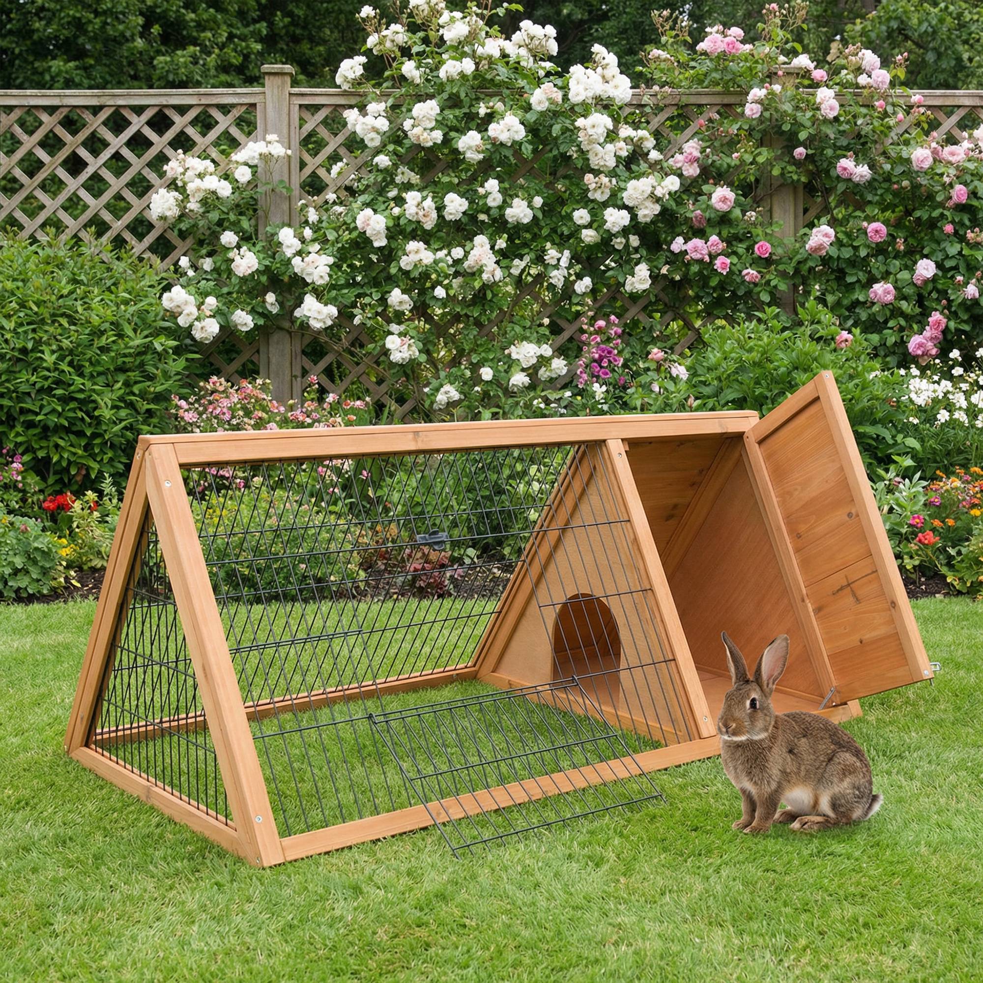 Cage à lapin triangulaire en bois naturel, 116 x 62,2 x 52,5 cm, avec portes et grillage métallique. - Image 3