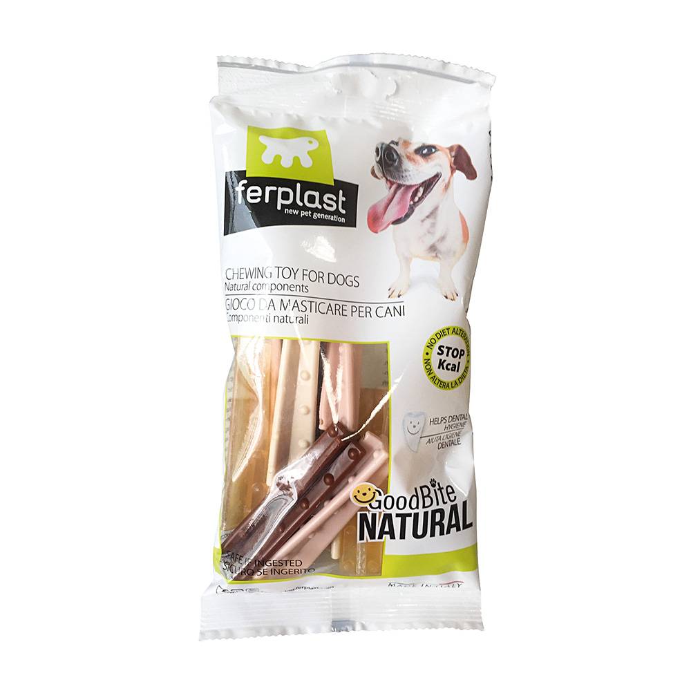 Ferplast - GOODBITE NATURAL S Jouet Os à hélice pour l'hygiène dentaire, 4 saveurs poulet boeuf jambon céréales, Chien moyen-petit (5-15 Kg), Naturel, 12 pièces