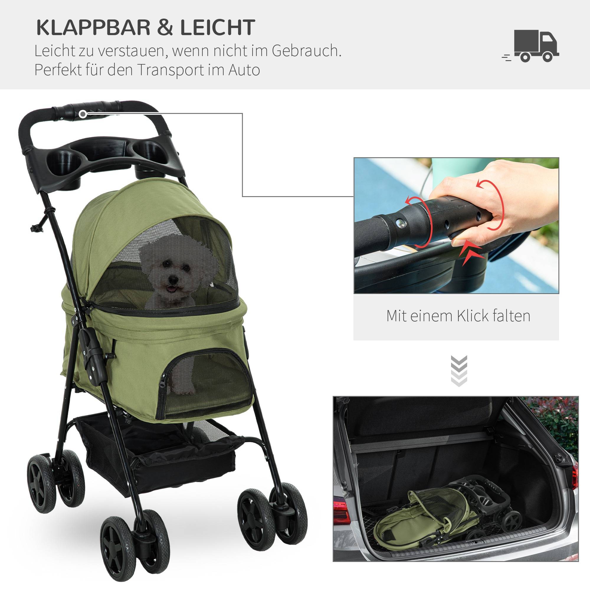 Poussette chien, pliable, 2 laisses sécurité, 2 porte-gobelets, 67 x 45 x 96 cm, kaki - Image 6