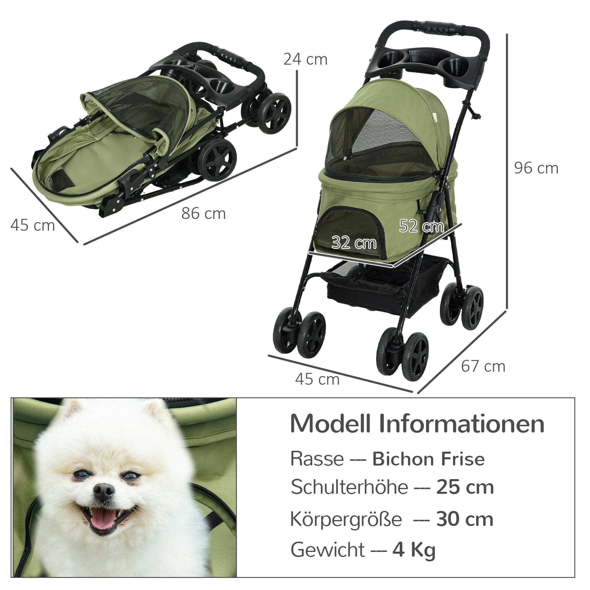 Poussette chien, pliable, 2 laisses sécurité, 2 porte-gobelets, 67 x 45 x 96 cm, kaki - Image 5