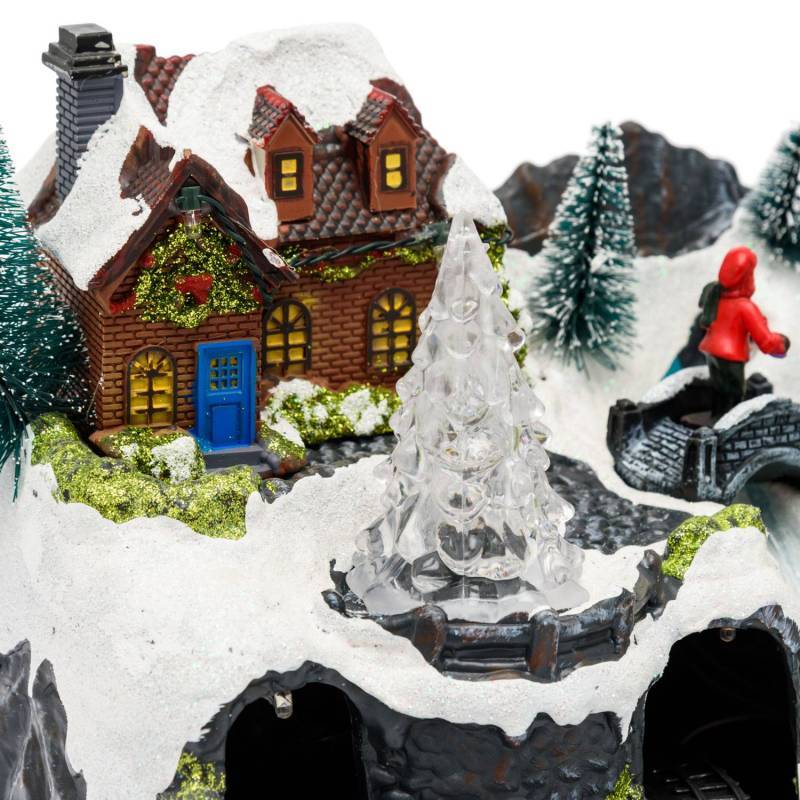 Lotti - Village de noël Paysage Enneigé 30xH18cm avec Petit Train et Père Noël sur Traineau en Rotation, Ruisseau Illuminé Fibre Optique - Imagen 8