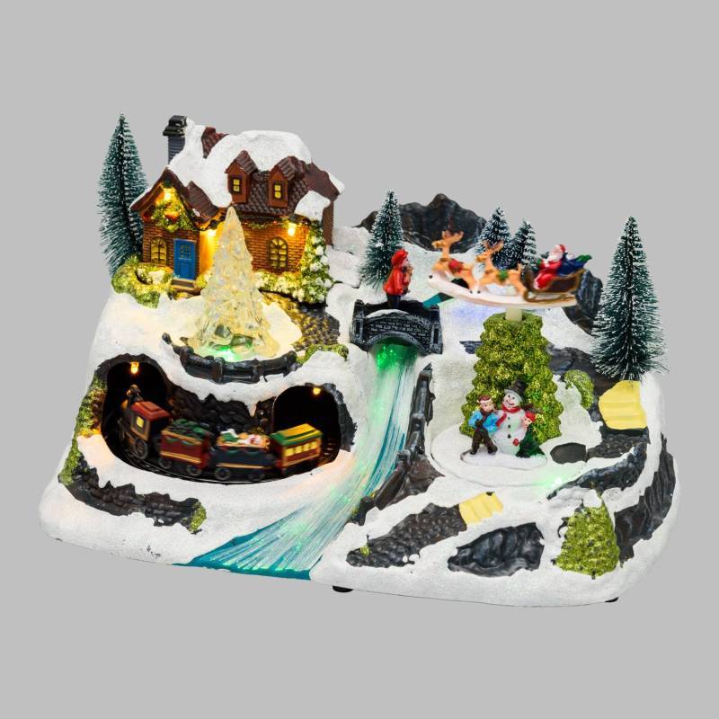Lotti - Village de noël Paysage Enneigé 30xH18cm avec Petit Train et Père Noël sur Traineau en Rotation, Ruisseau Illuminé Fibre Optique - Imagen 1