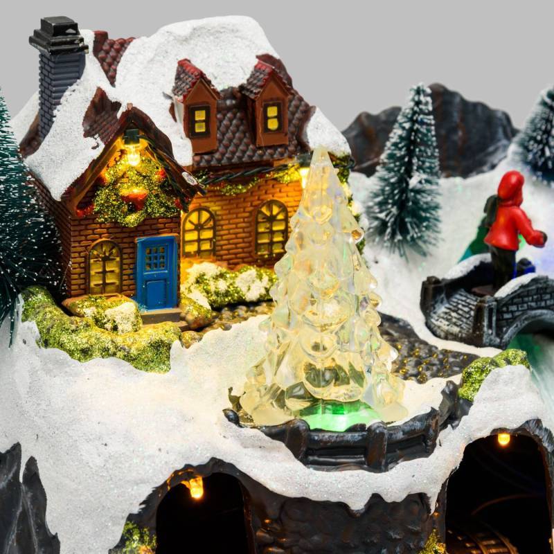Lotti - Village de noël Paysage Enneigé 30xH18cm avec Petit Train et Père Noël sur Traineau en Rotation, Ruisseau Illuminé Fibre Optique - Imagen 6
