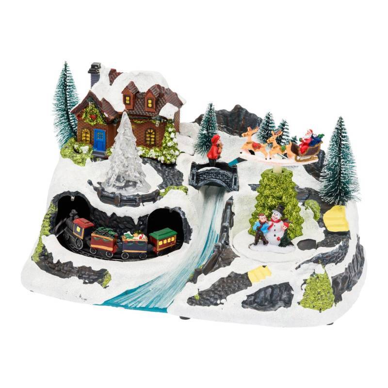 Lotti - Village de noël Paysage Enneigé 30xH18cm avec Petit Train et Père Noël sur Traineau en Rotation, Ruisseau Illuminé Fibre Optique - Imagen 2
