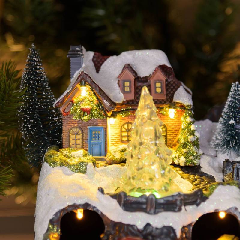 Lotti - Village de noël Paysage Enneigé 30xH18cm avec Petit Train et Père Noël sur Traineau en Rotation, Ruisseau Illuminé Fibre Optique - Imagen 4