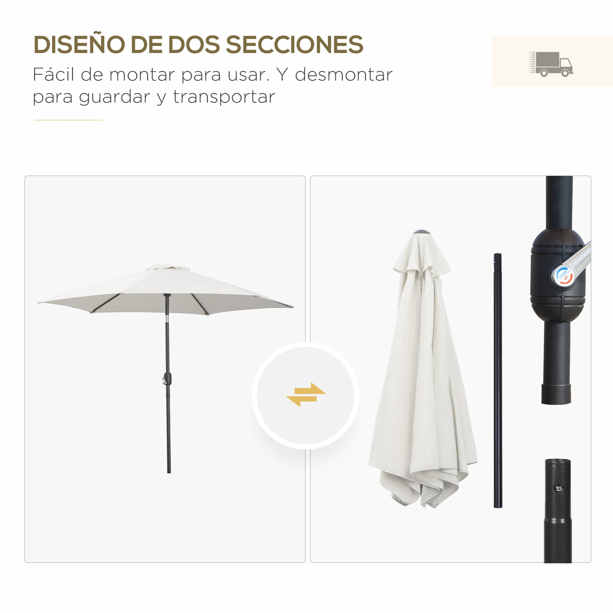 Parasol de jardin en aluminium Ø260x235 cm, inclinable, avec manivelle et 6 baleines métalliques, couleur crème, pour terrasse ou balcon. - Image 9