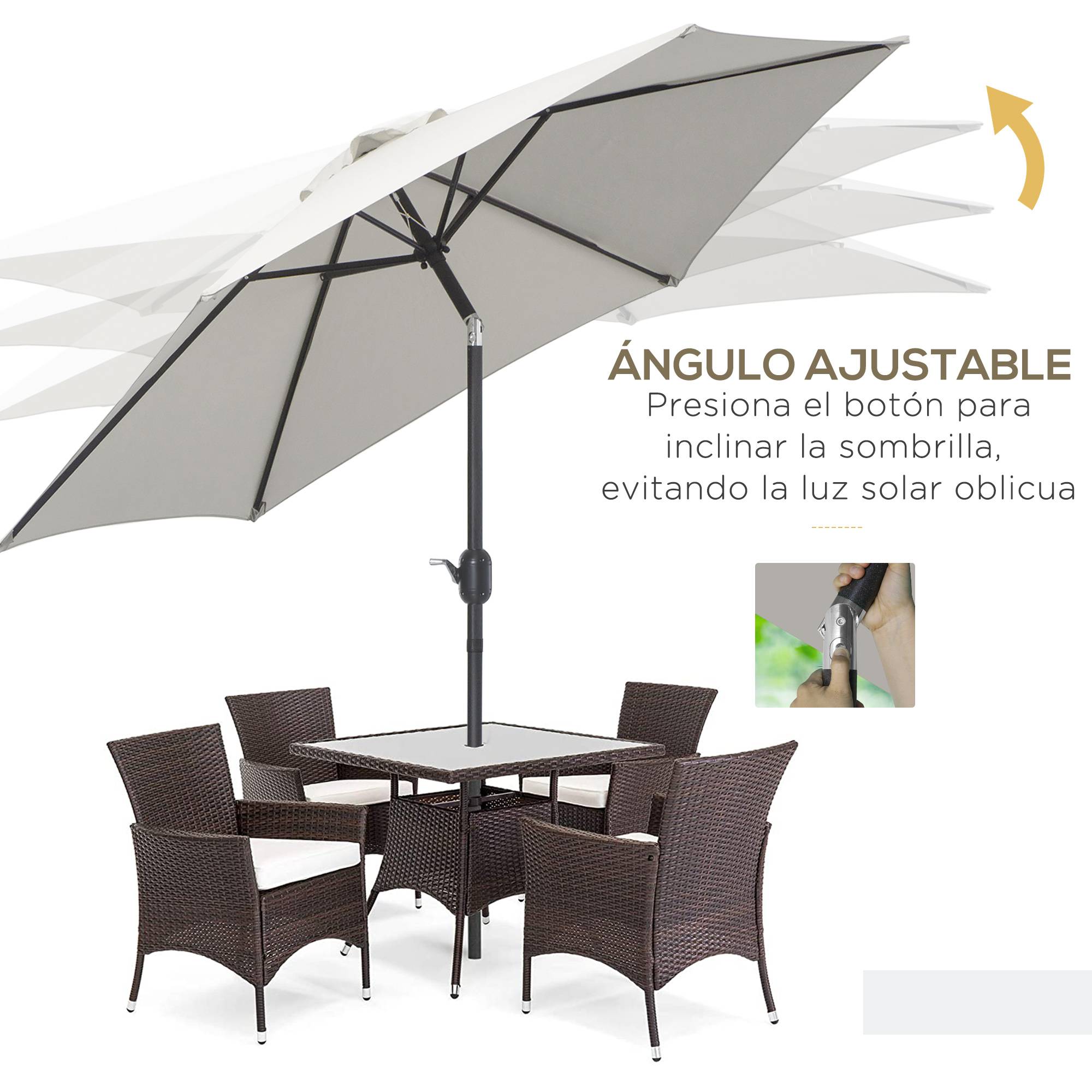 Parasol de jardin en aluminium Ø260x235 cm, inclinable, avec manivelle et 6 baleines métalliques, couleur crème, pour terrasse ou balcon. - Image 7