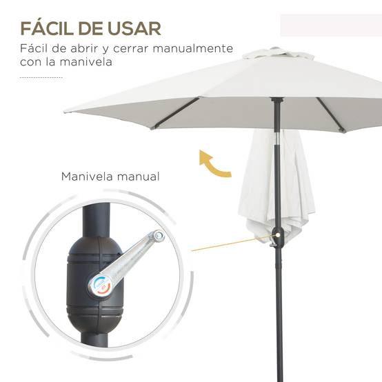 Parasol de jardin en aluminium Ø260x235 cm, inclinable, avec manivelle et 6 baleines métalliques, couleur crème, pour terrasse ou balcon. - Image 6