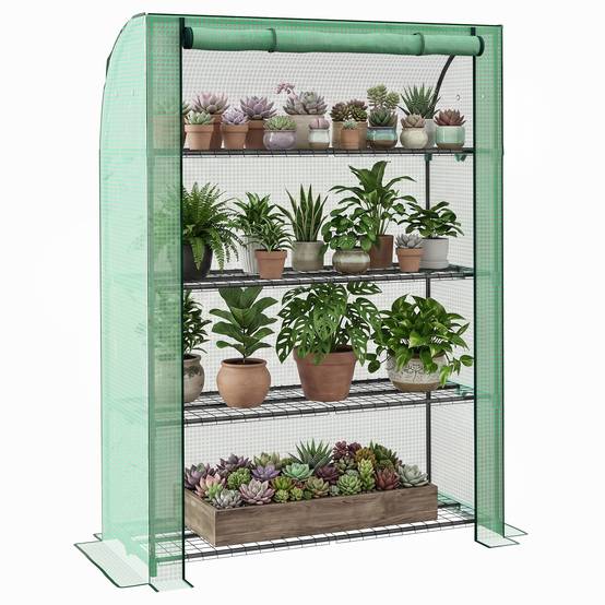 Mini serre de jardin à 4 étages avec bâche PE renforcée, porte enroulable et étagères 120 x 50 x 170 cm, vert - Image 1