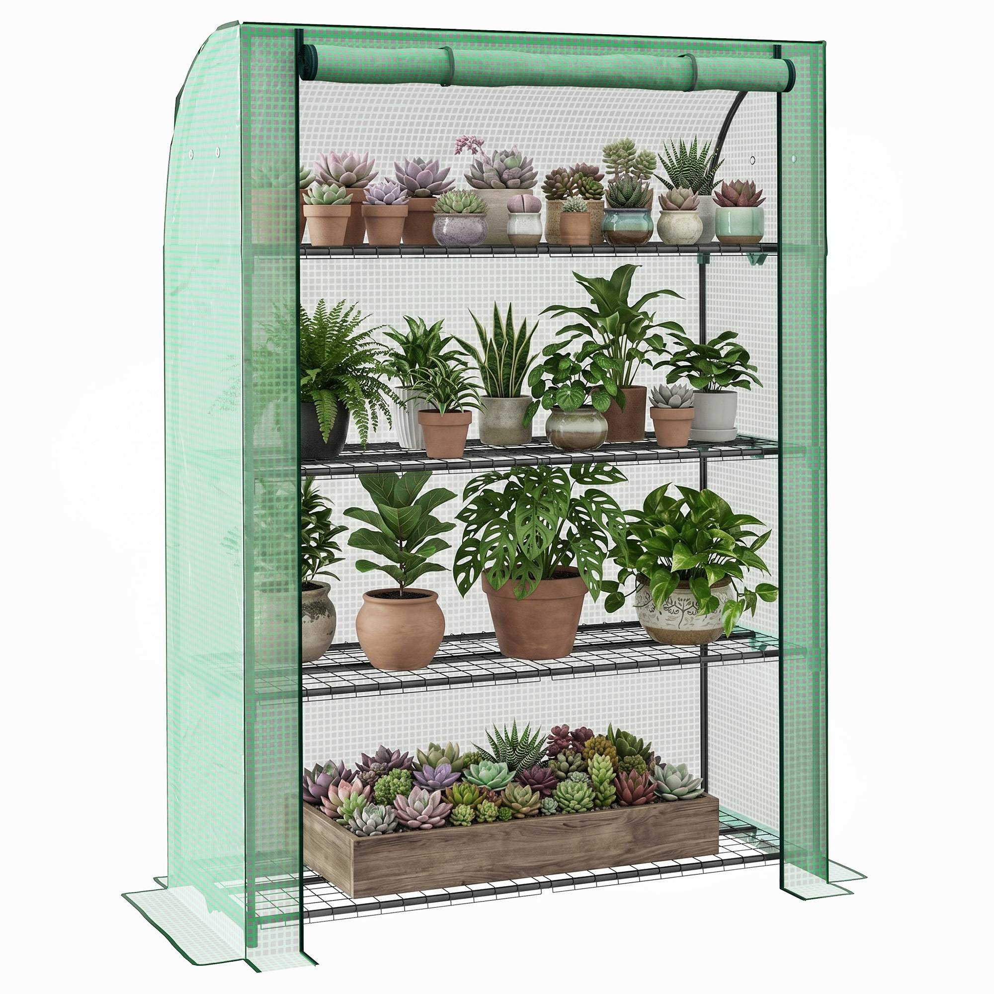 Mini serre de jardin à 4 étages avec bâche PE renforcée, porte enroulable et étagères 120 x 50 x 170 cm, vert - Image 1