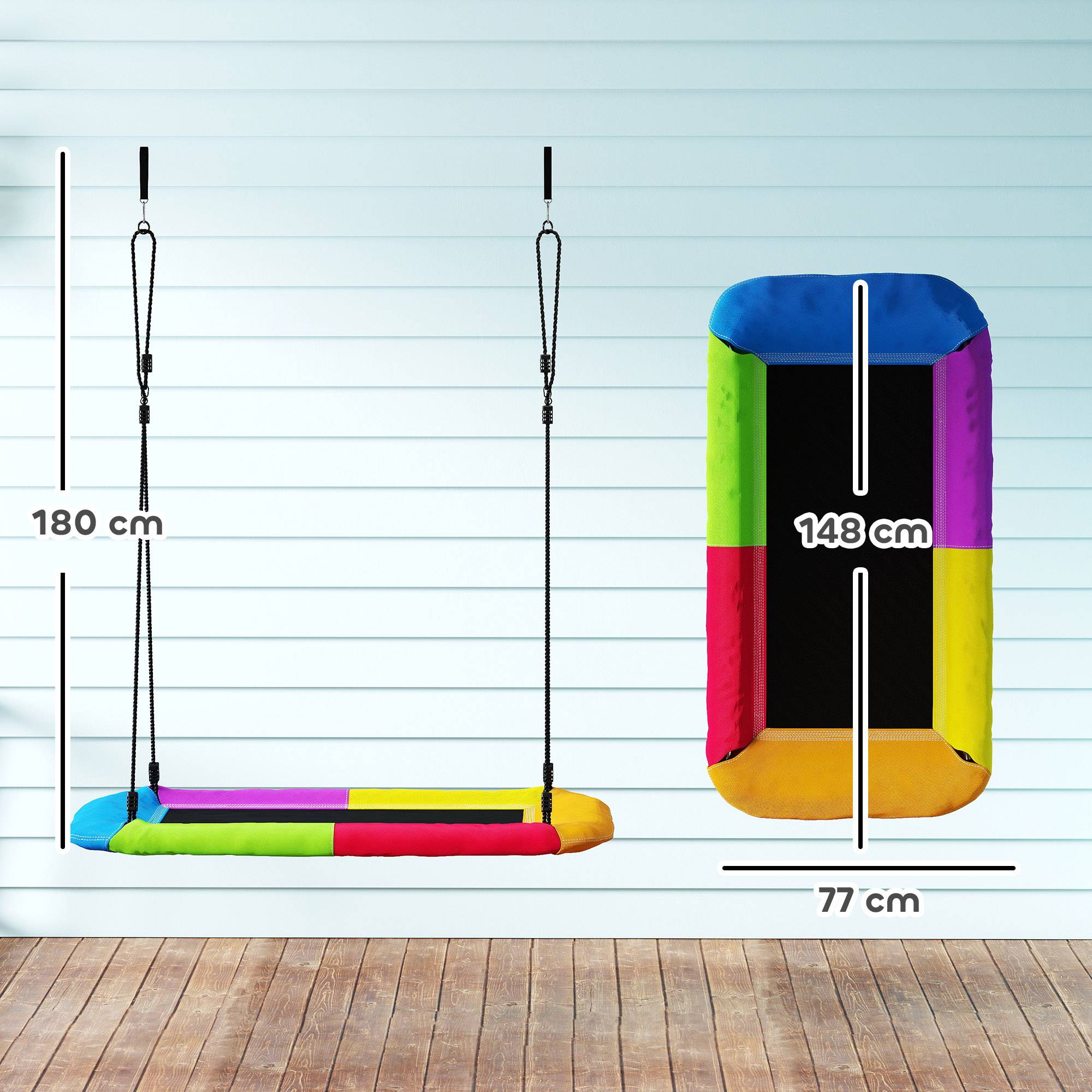 Balançoire nid suspendue réglable, charge 300 kg, cordes ajustables, pour 3-8 ans, 148×77×180 cm, multicolore, sécurisée - Image 3