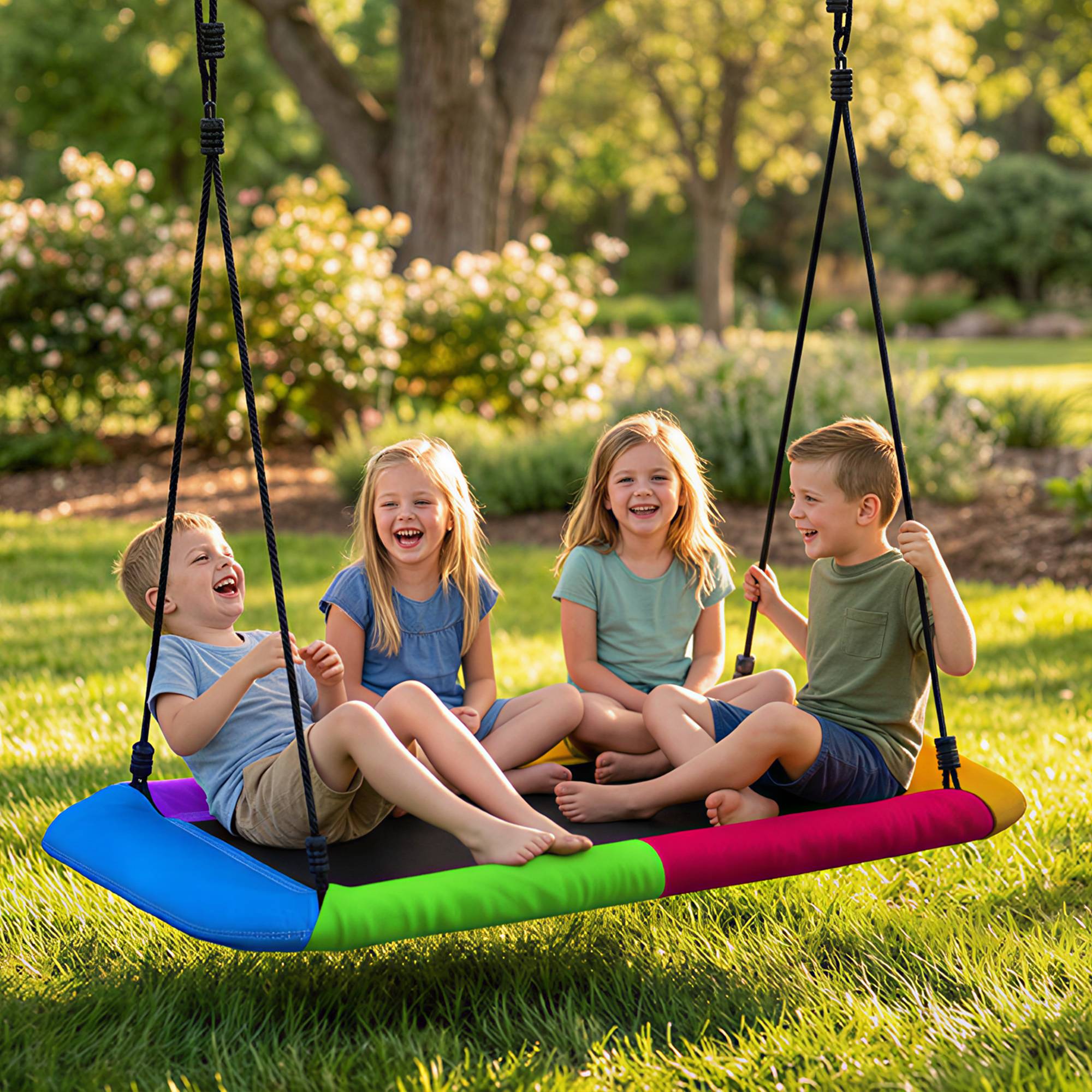 Balançoire nid suspendue réglable, charge 300 kg, cordes ajustables, pour 3-8 ans, 148×77×180 cm, multicolore, sécurisée - Image 1