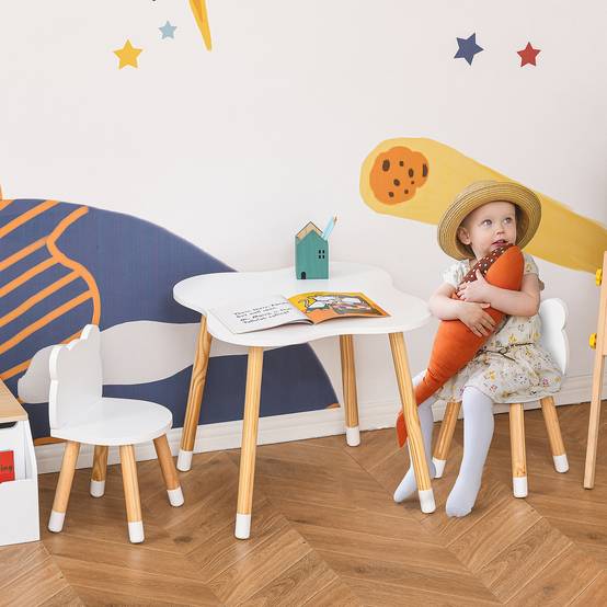 Petite table avec 2 chaises enfant forme ours en bois, blanc - Image 3