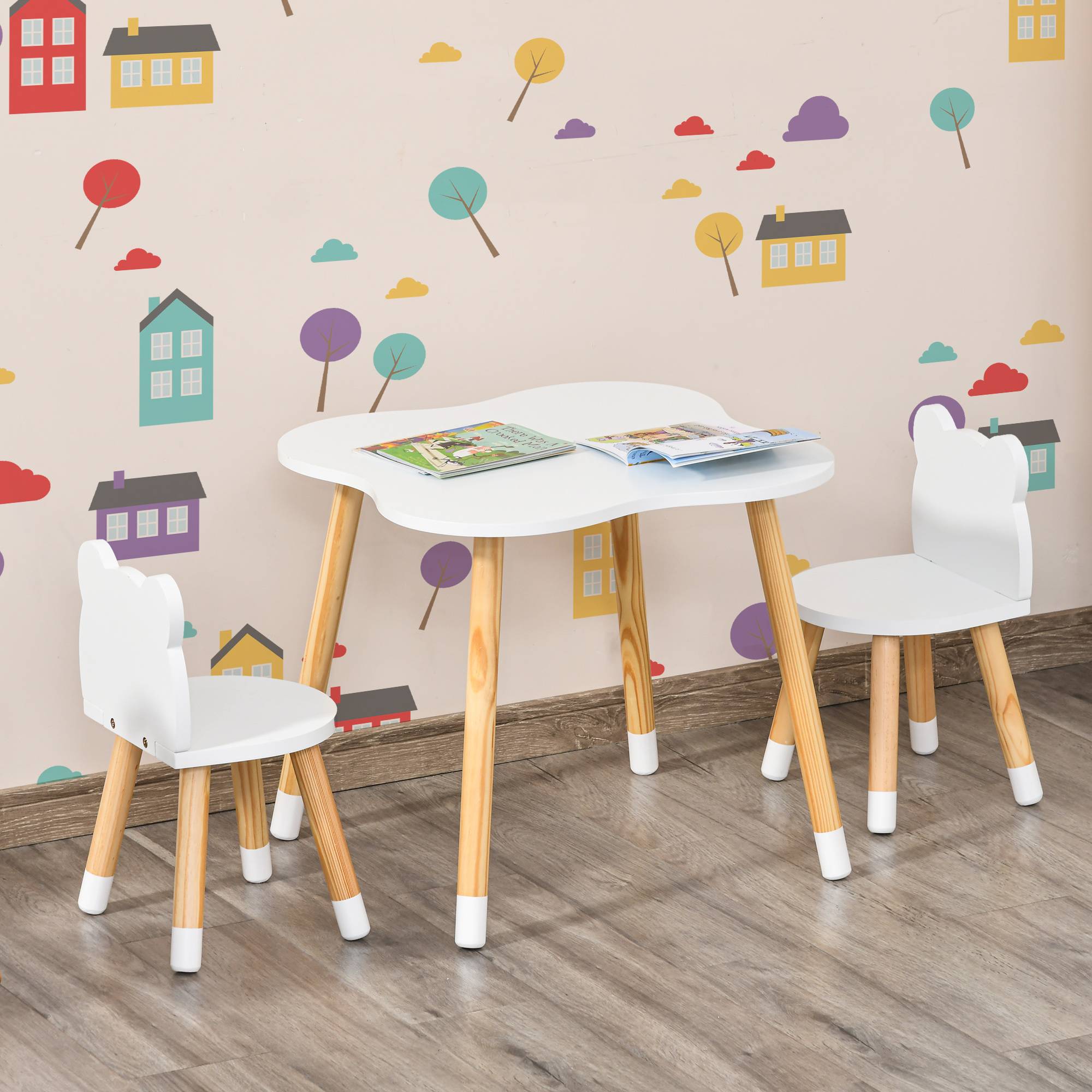 Petite table avec 2 chaises enfant forme ours en bois, blanc - Image 10