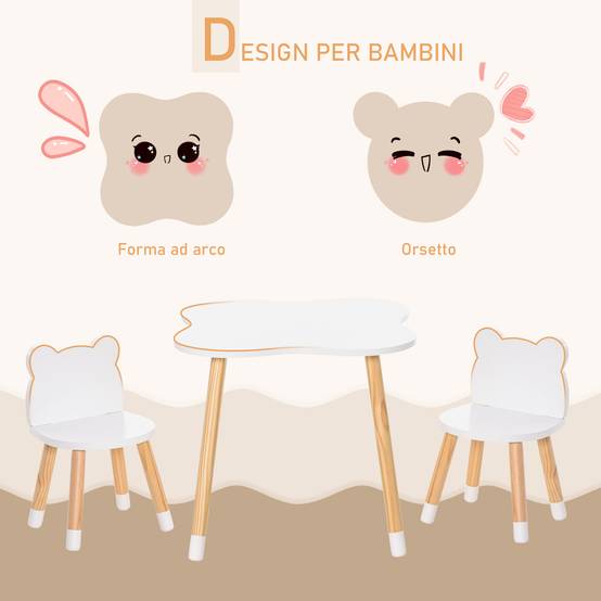 Petite table avec 2 chaises enfant forme ours en bois, blanc - Image 7