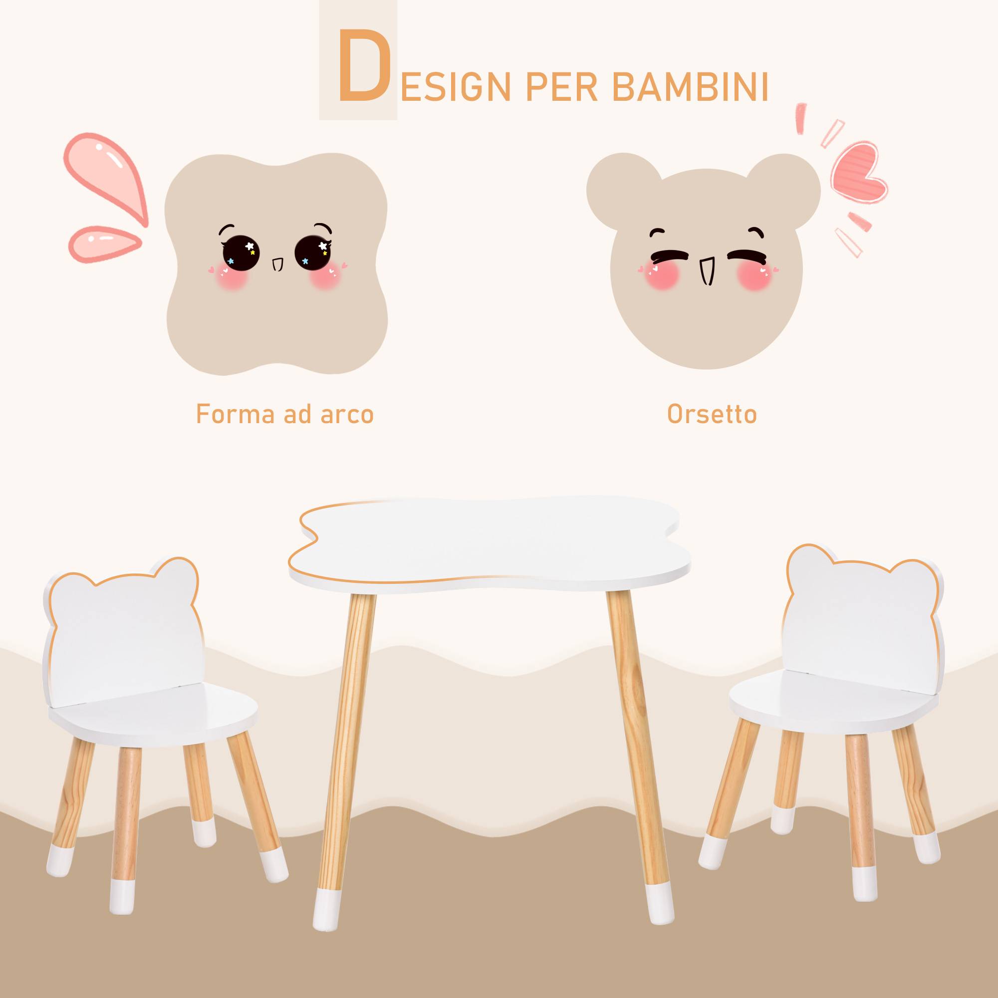 Petite table avec 2 chaises enfant forme ours en bois, blanc - Image 7