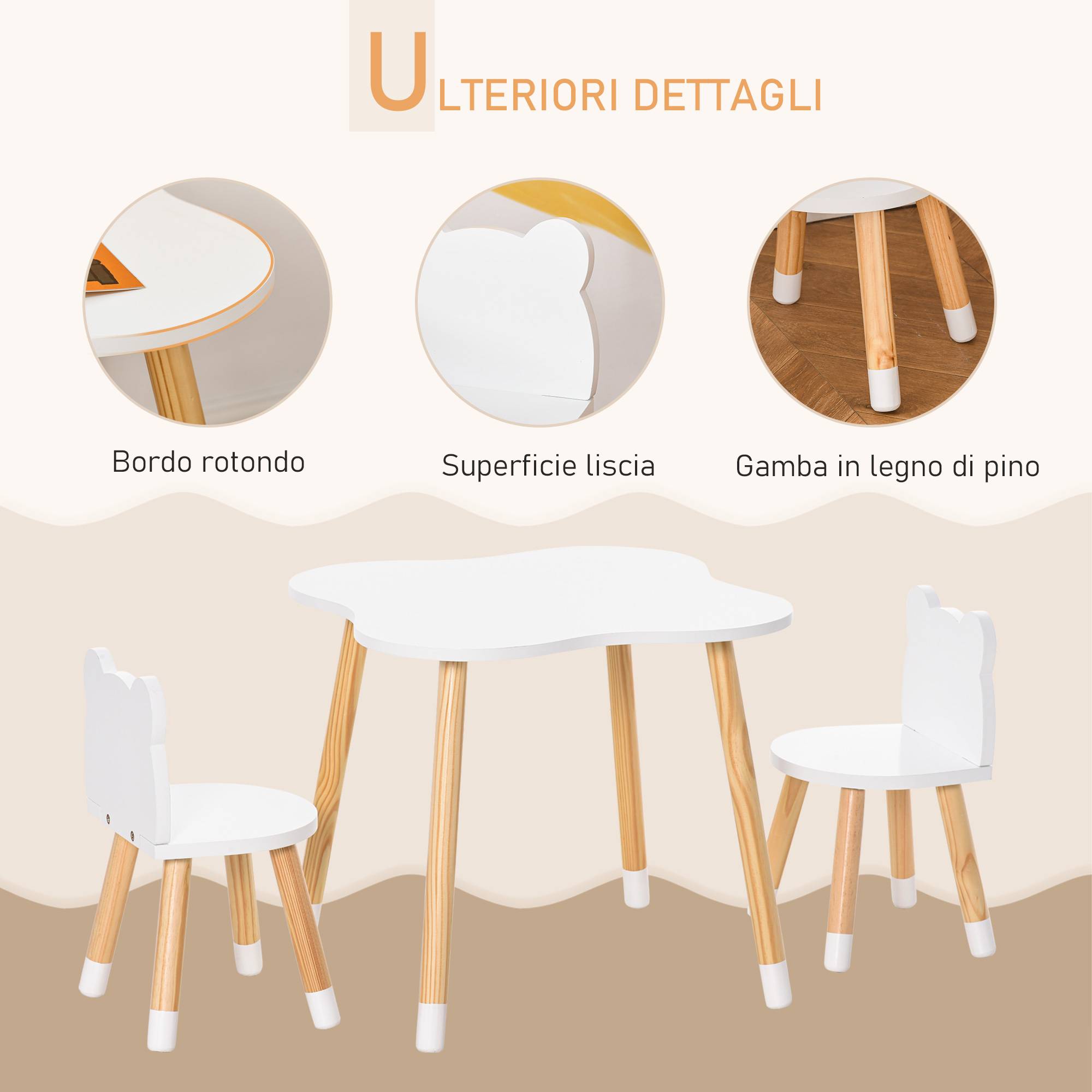 Petite table avec 2 chaises enfant forme ours en bois, blanc - Image 8