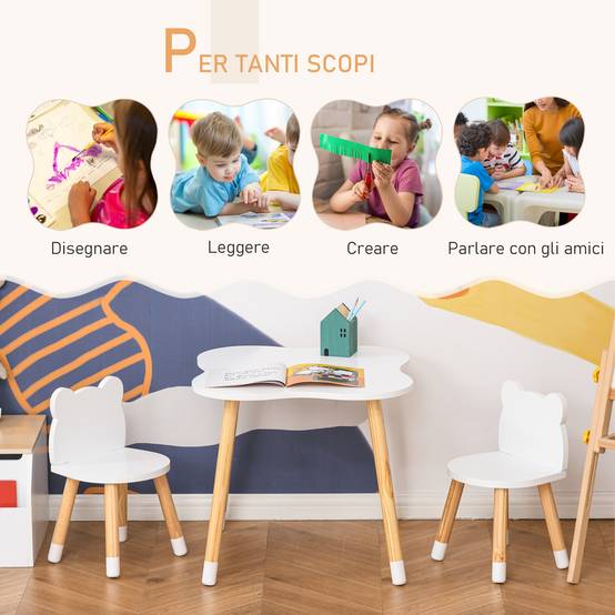 Petite table avec 2 chaises enfant forme ours en bois, blanc - Image 6