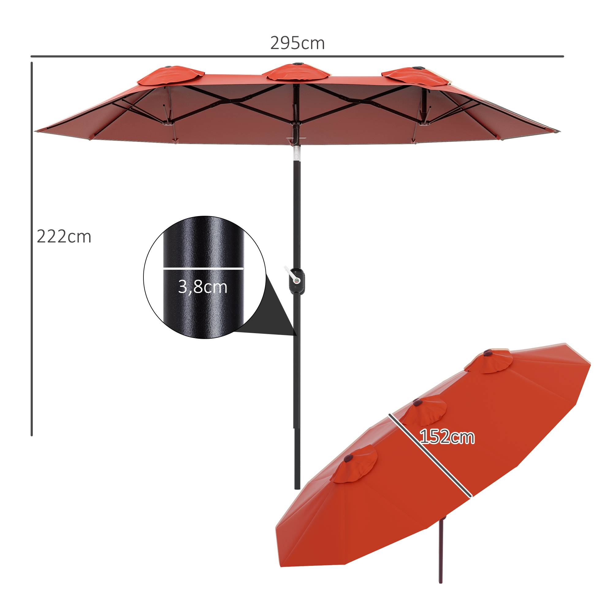 Parasol double inclinable en polyester et acier rouge bordeaux 295 x 152 x 222 cm - PANGIVO - Image 5