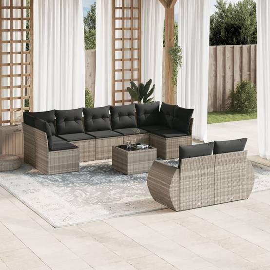 Salon de Jardin Bas 10 Pièces Résine Tressée Gris Clair pour 9 Personnes avec Table et Coussins – ComfortXL Outdoor Living - Image 1