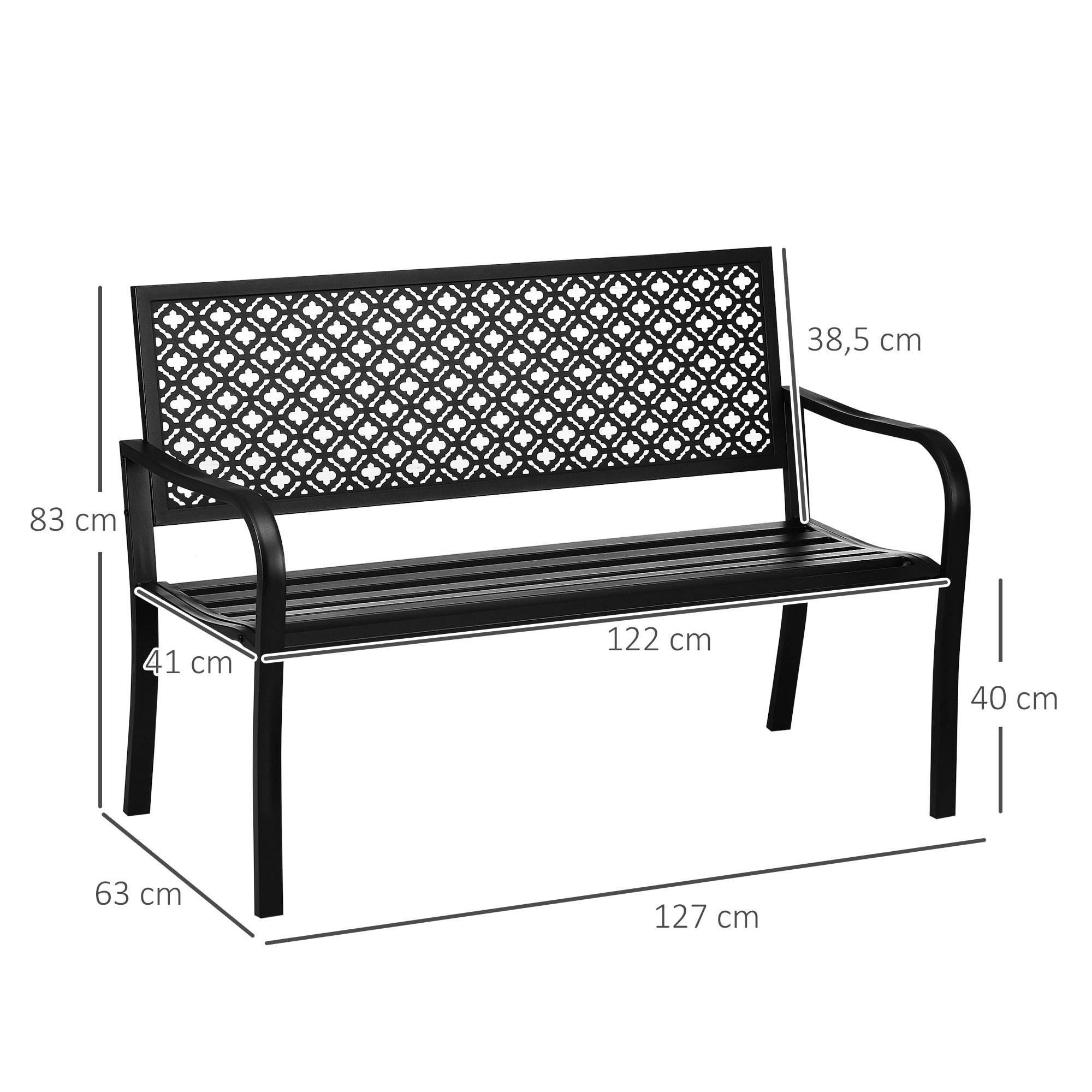 ComfortXL - Banc de jardin 2 places acier noir 127 x 63 x 83 cm dossier fleuri accoudoirs extérieur charge 240 kg - Image 3