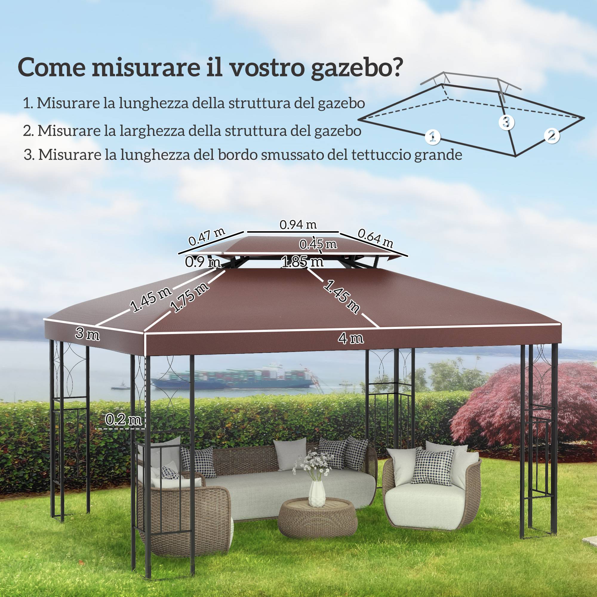 Bâche rechange imperméable polyester anti-UV tonnelle jardin 3x4 m marron - Image 5