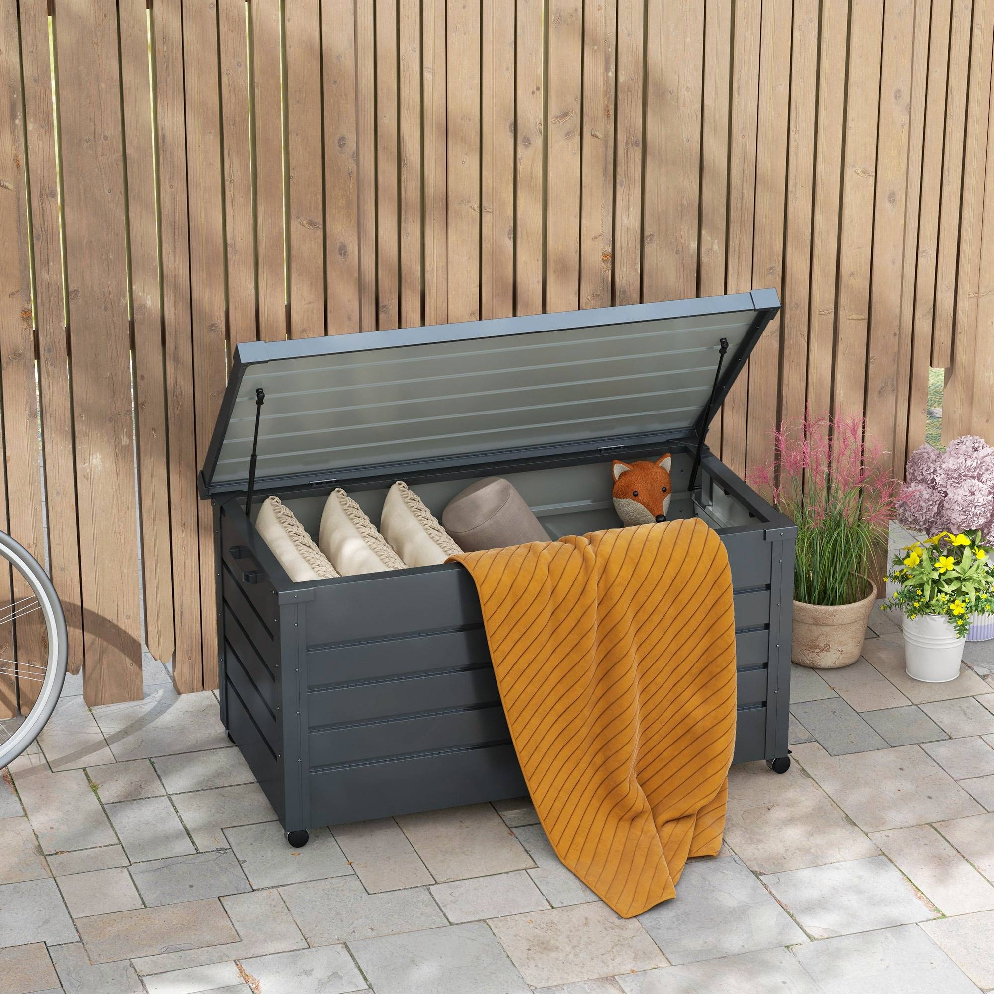 ComfortXL - Coffre de Rangement Extérieur Acier sur Roulettes Verrouillable 311L 120x62x66cm Gris - ComfortXL Outdoor Living - Image 4