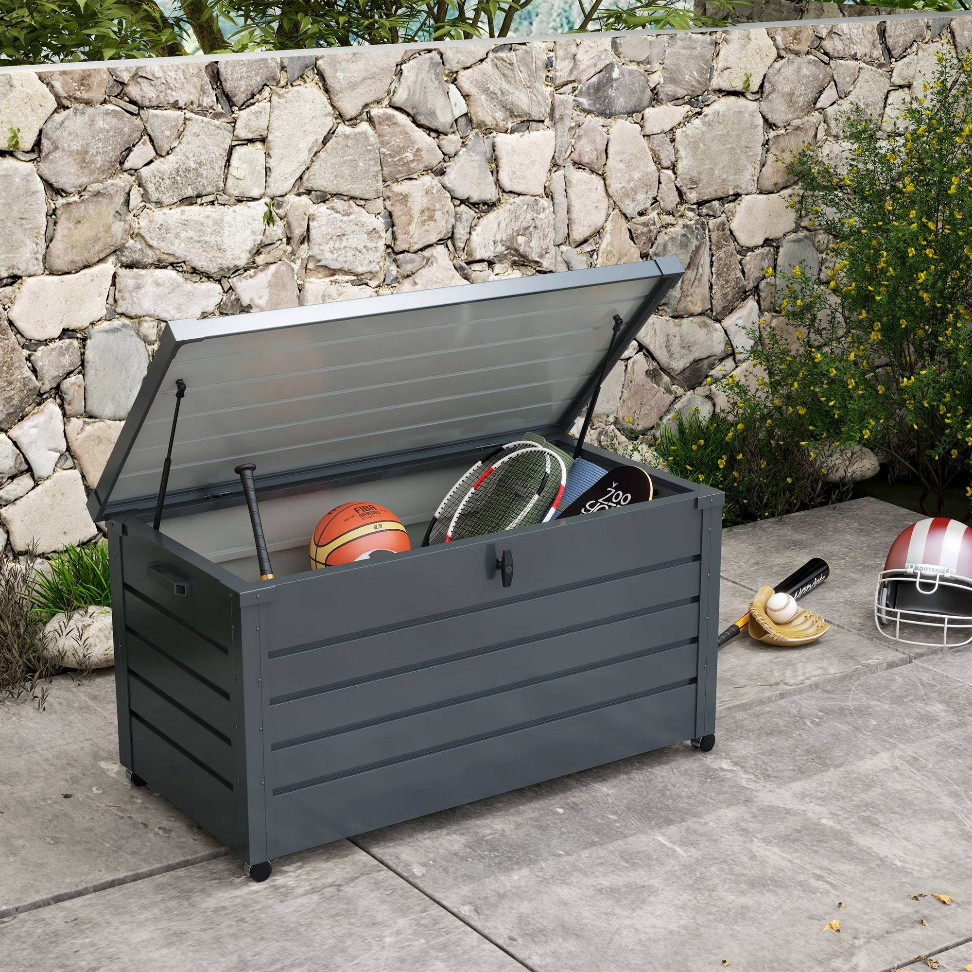 ComfortXL - Coffre de Rangement Extérieur Acier sur Roulettes Verrouillable 311L 120x62x66cm Gris - ComfortXL Outdoor Living - Image 3