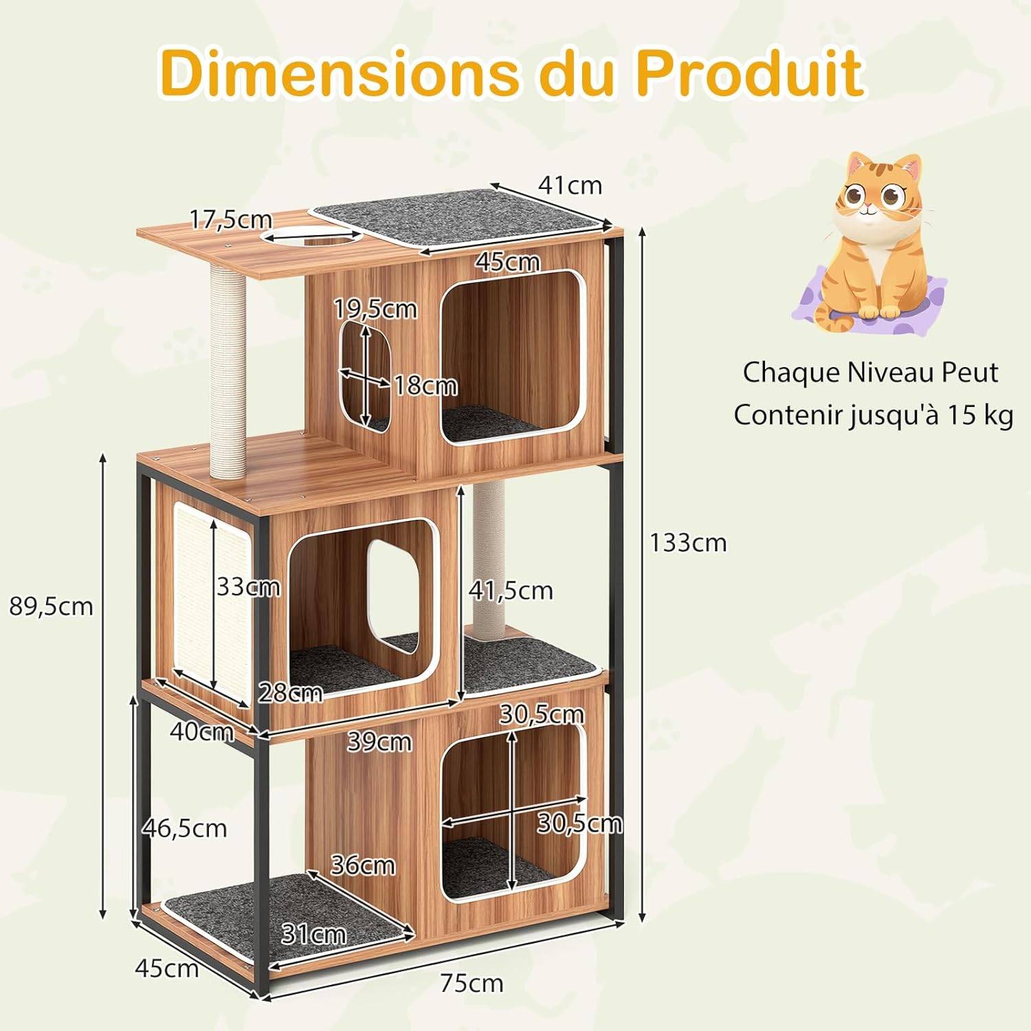 COSTWAY Arbre à Chat XXL 133 cm, 4 Plateformes, 3 Condos, 2 Poteaux à Griffer en Sisal, Arbre à Chat Maine Coon - Image 4
