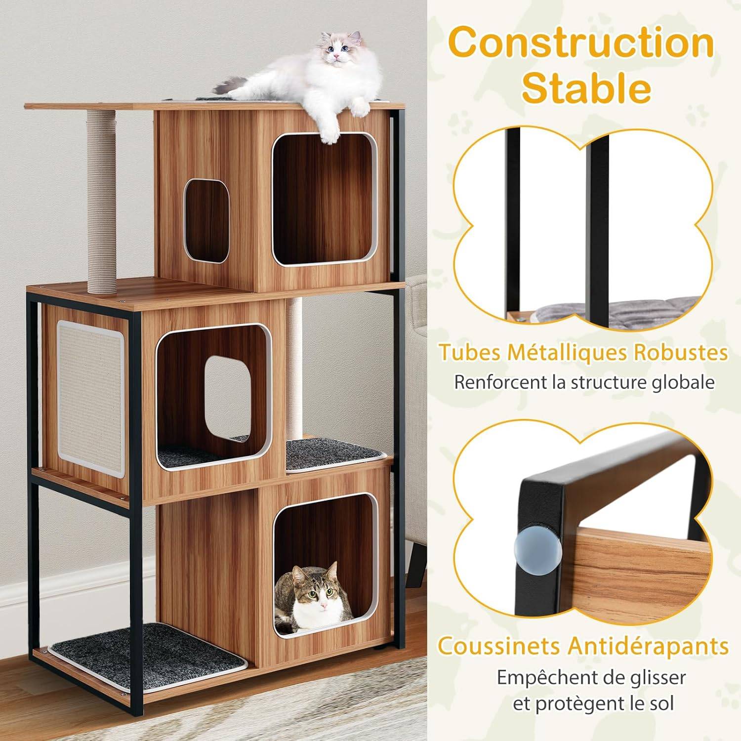 COSTWAY Arbre à Chat XXL 133 cm, 4 Plateformes, 3 Condos, 2 Poteaux à Griffer en Sisal, Arbre à Chat Maine Coon - Image 8