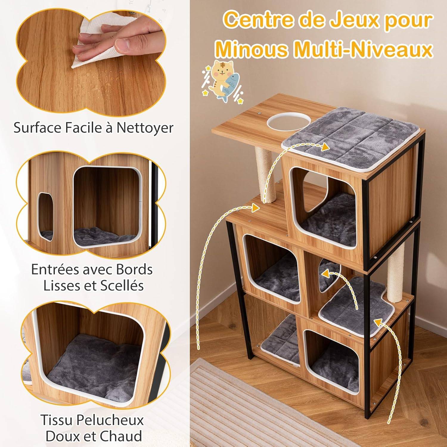COSTWAY Arbre à Chat XXL 133 cm, 4 Plateformes, 3 Condos, 2 Poteaux à Griffer en Sisal, Arbre à Chat Maine Coon - Image 9