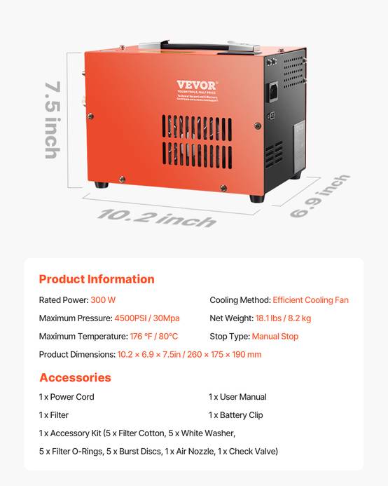 VEVOR Compresseur d'air PCP portable 300W 30MPa,refroidissement ventilateur,arrêt manuel,sans huile. - Image 7