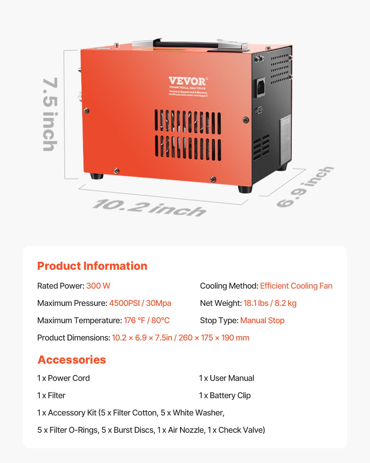 VEVOR Compresseur d'air PCP portable 300W 30MPa,refroidissement ventilateur,arrêt manuel,sans huile. - Image 7