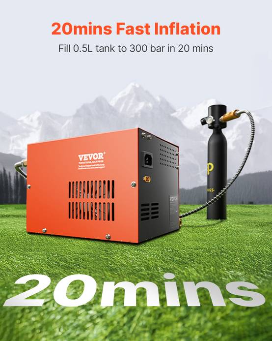 VEVOR Compresseur d'air PCP portable 300W 30MPa,refroidissement ventilateur,arrêt manuel,sans huile. - Image 2