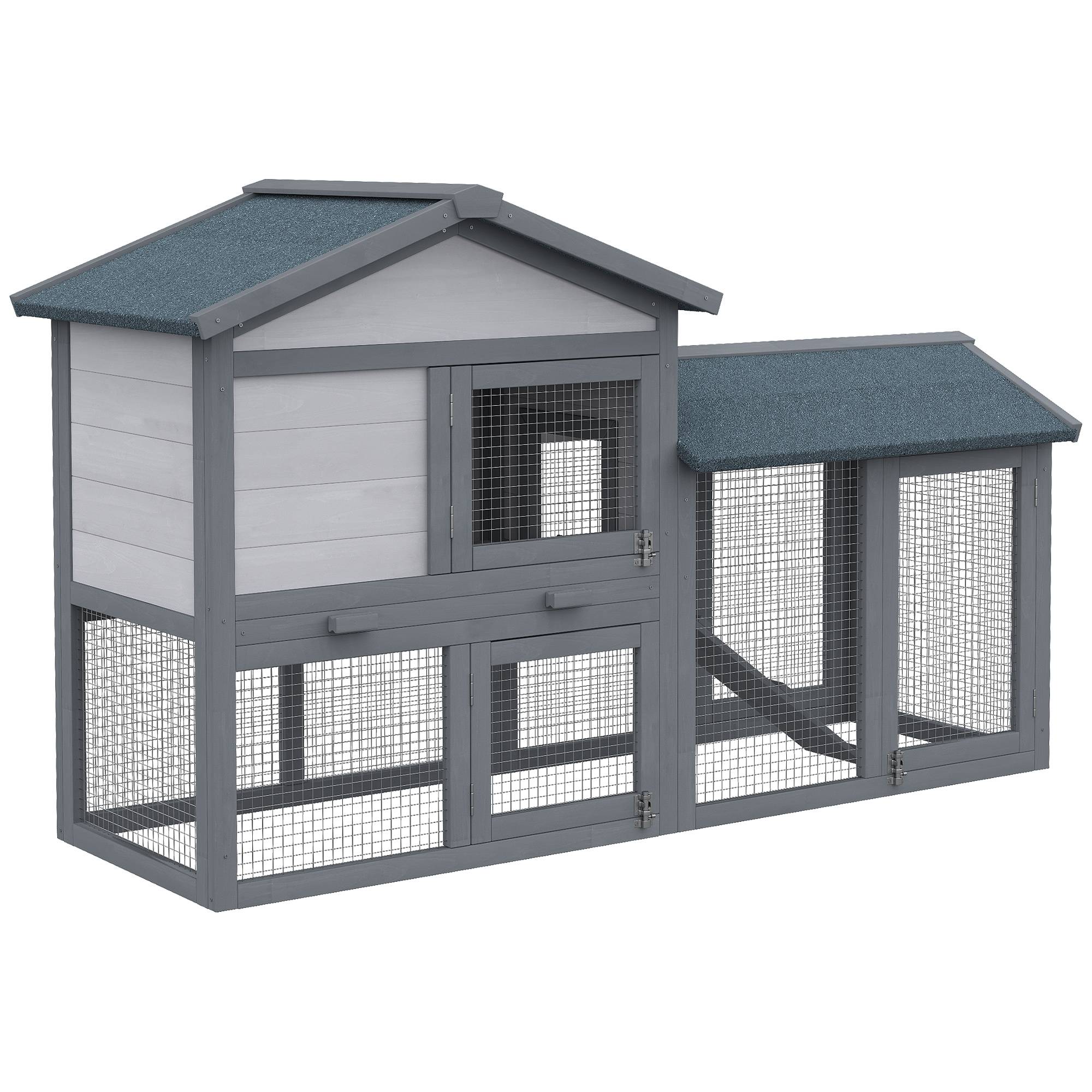 Clapier en bois pour lapins nains 147 x 54 x 84 cm, toit bitumé, enclos, rampe, portes verrouillables, gris foncé