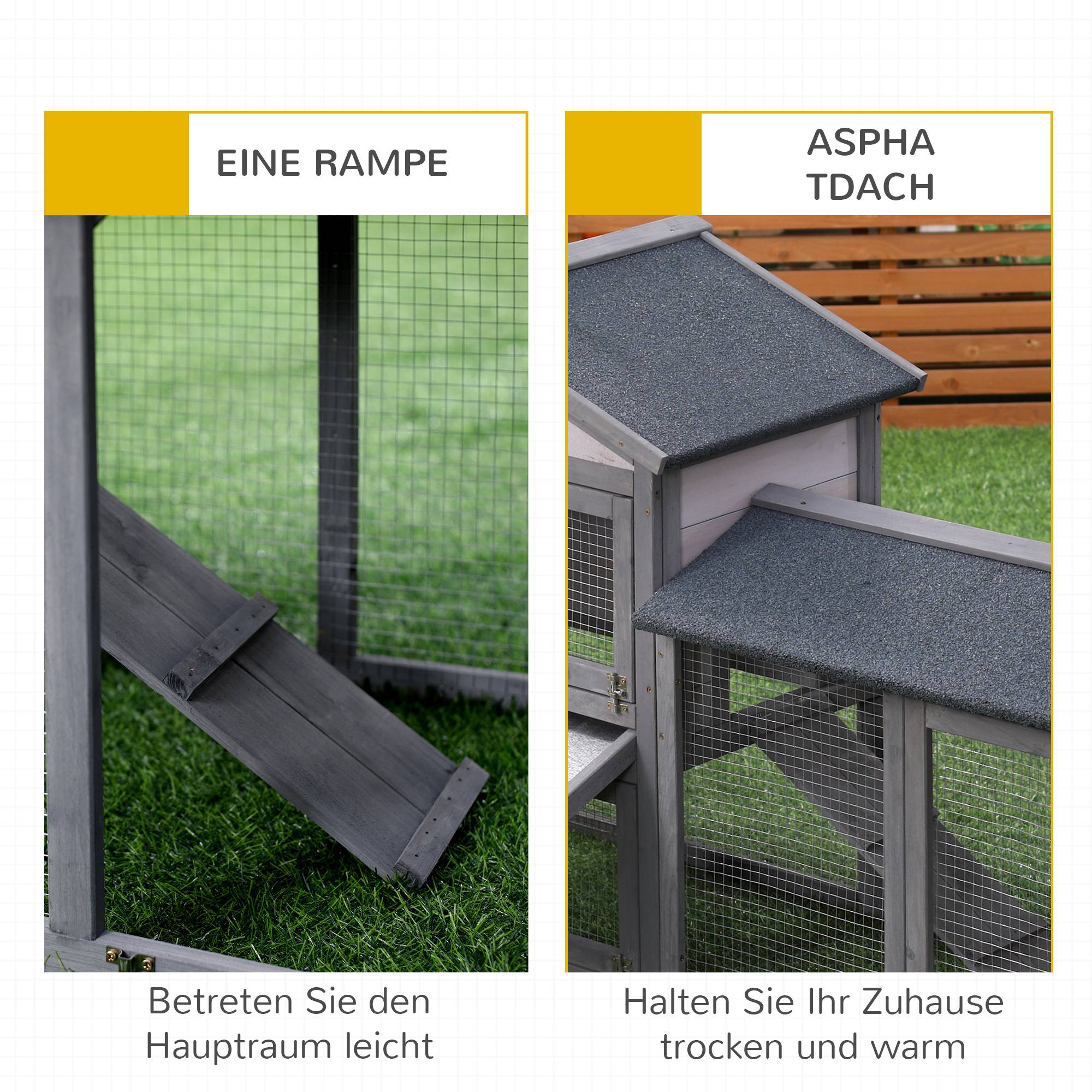 Clapier en bois pour lapins nains 147 x 54 x 84 cm, toit bitumé, enclos, rampe, portes verrouillables, gris foncé - Image 8