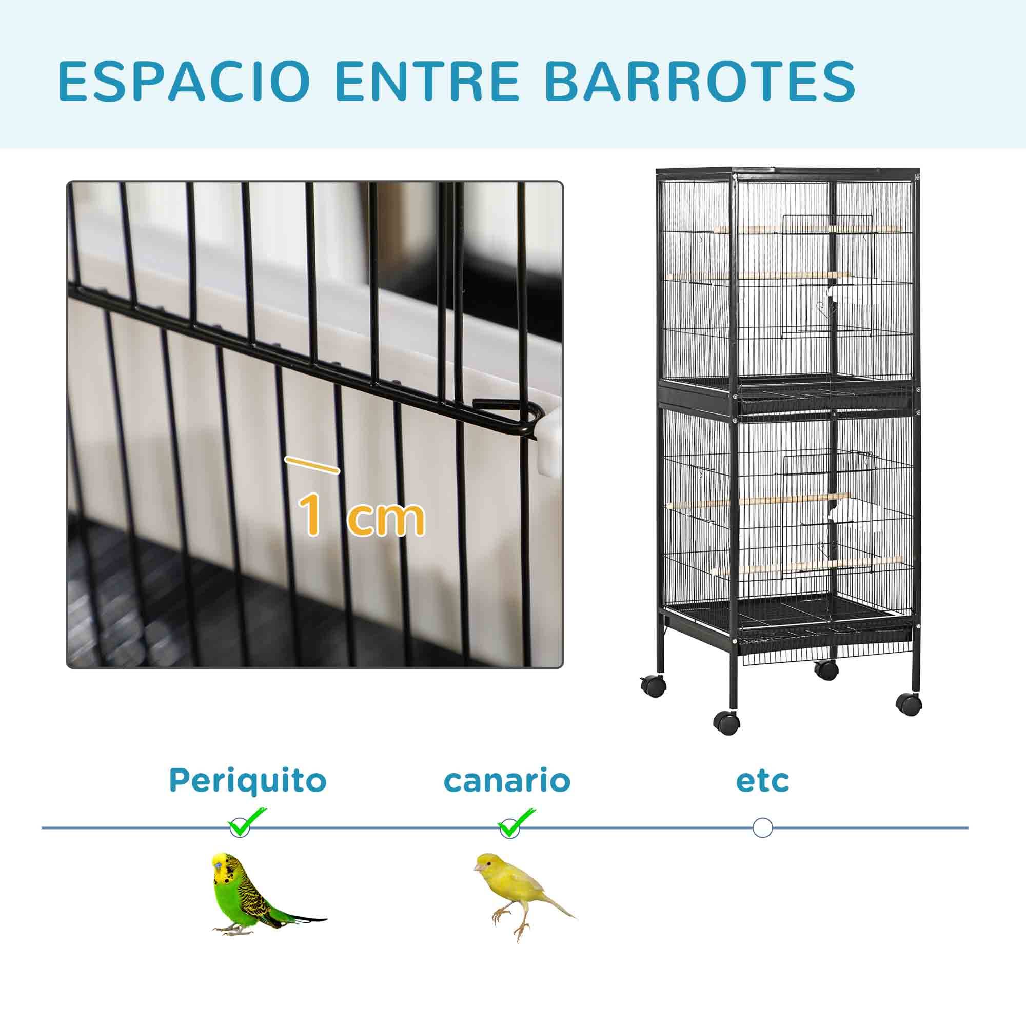 Cage à oiseaux 2 niveaux avec roulettes, plateaux extractibles, portes, mangeoires et perchoirs, 51,5x50x140 cm, noir - Image 9
