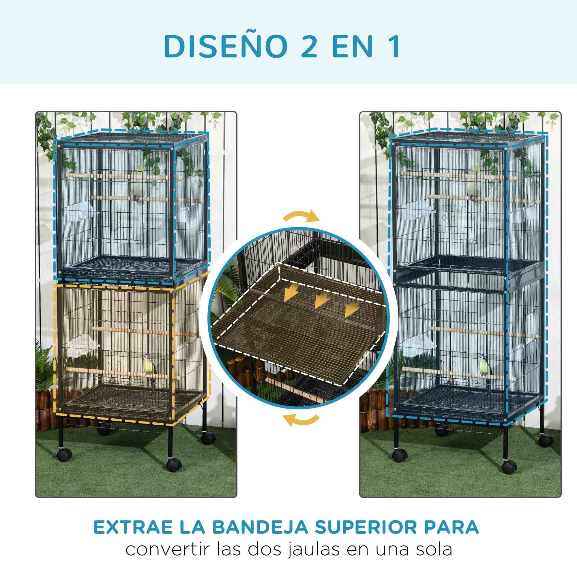 Cage à oiseaux 2 niveaux avec roulettes, plateaux extractibles, portes, mangeoires et perchoirs, 51,5x50x140 cm, noir - Image 6