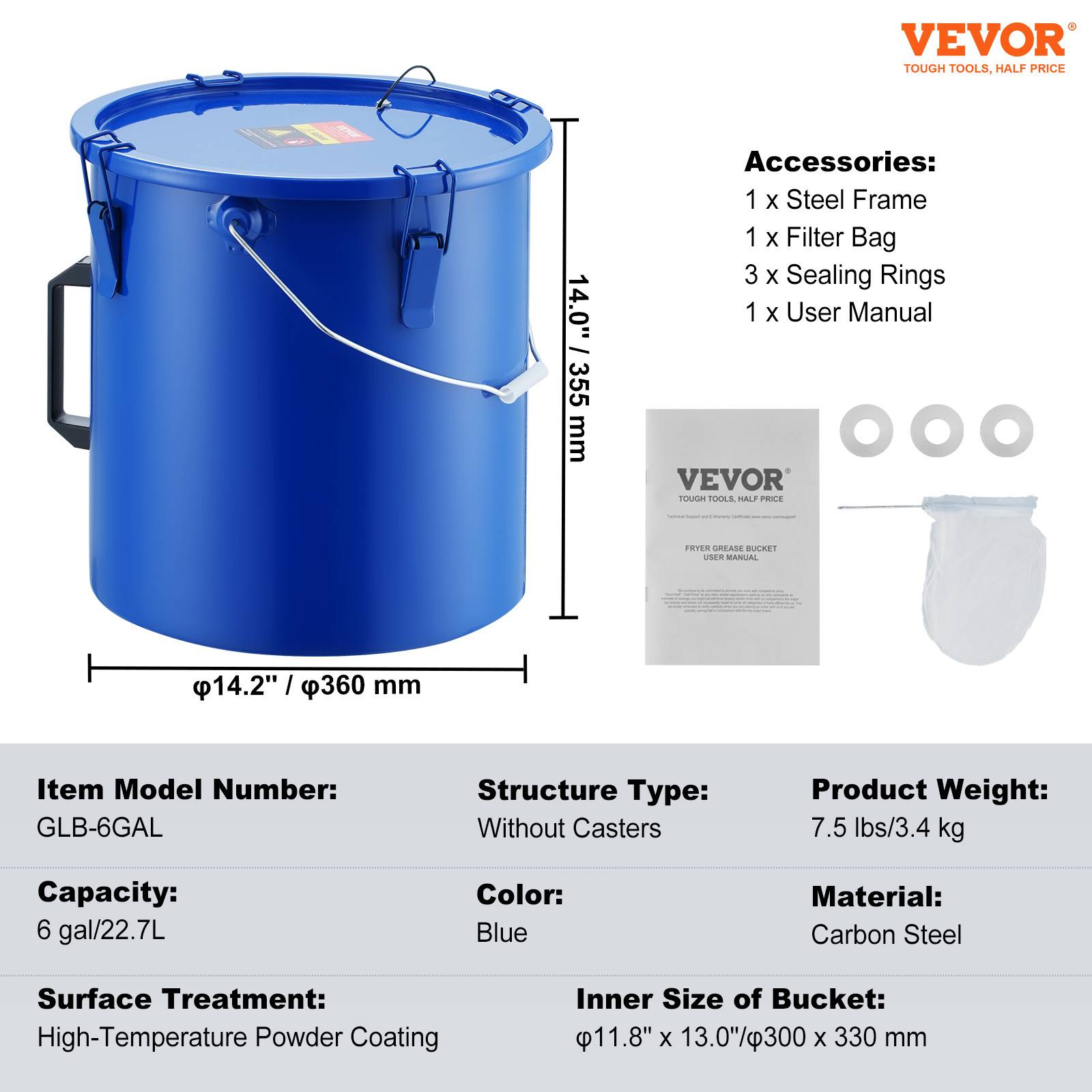 VEVOR Collecte huile graisse usagée 22,7 L, acier carbone, couvercle, filtre. Bleu. - Image 7