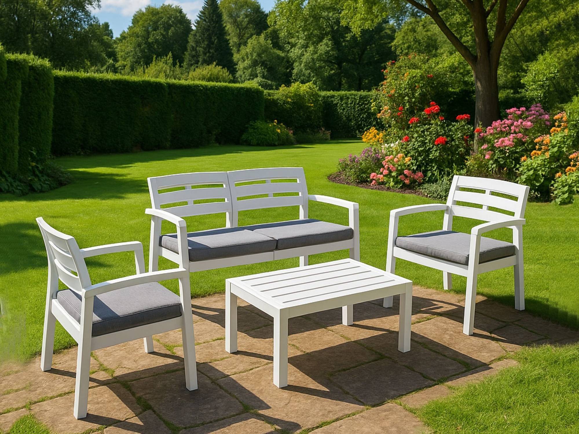 Dmora - Salon d'extérieur Massa, Composition de jardin avec 2 fauteuils, 1 canapé et 1 table basse, Salon intérieur et extérieur avec coussins, Blanc - Dmora - Imagen 4