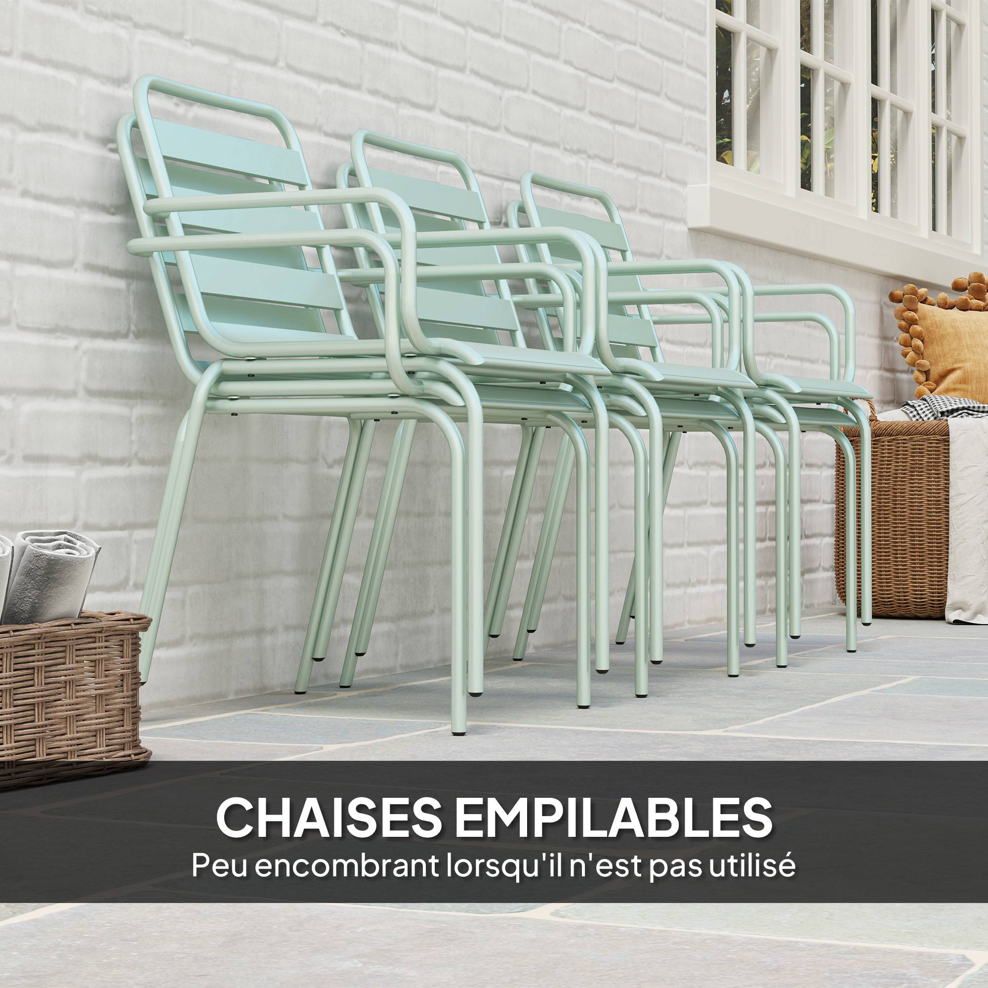 Outsunny - Ensemble salle à manger 7 pièces avec table et 6 chaises empilables en acier vert clair - Outsunny - Image 6