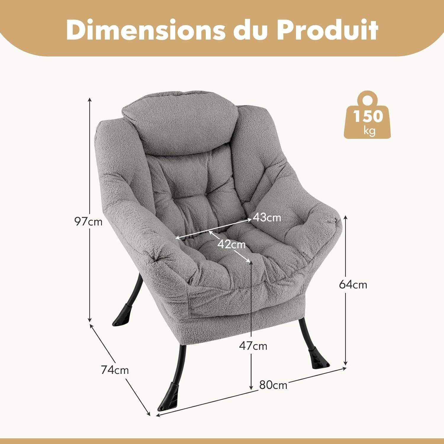 Costway - COSTWAY Fauteuil Salon Scandinave, Fauteuil Relax en Sherpa avec Oreiller et Poche Latérale, Fauteuil Chambre pour Lecture, pour Charger 150 KG (Gris) - Image 1