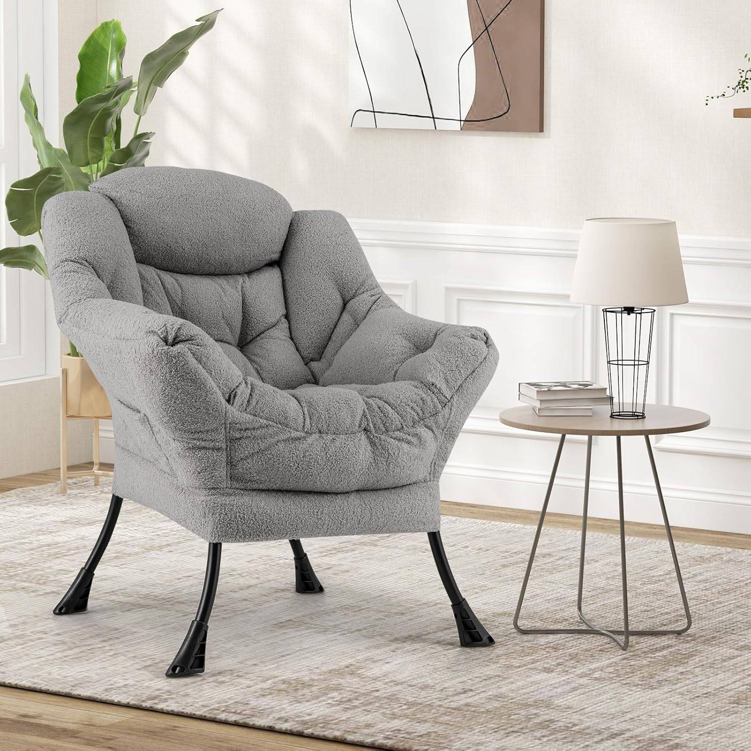Costway - COSTWAY Fauteuil Salon Scandinave, Fauteuil Relax en Sherpa avec Oreiller et Poche Latérale, Fauteuil Chambre pour Lecture, pour Charger 150 KG (Gris) - Image 6
