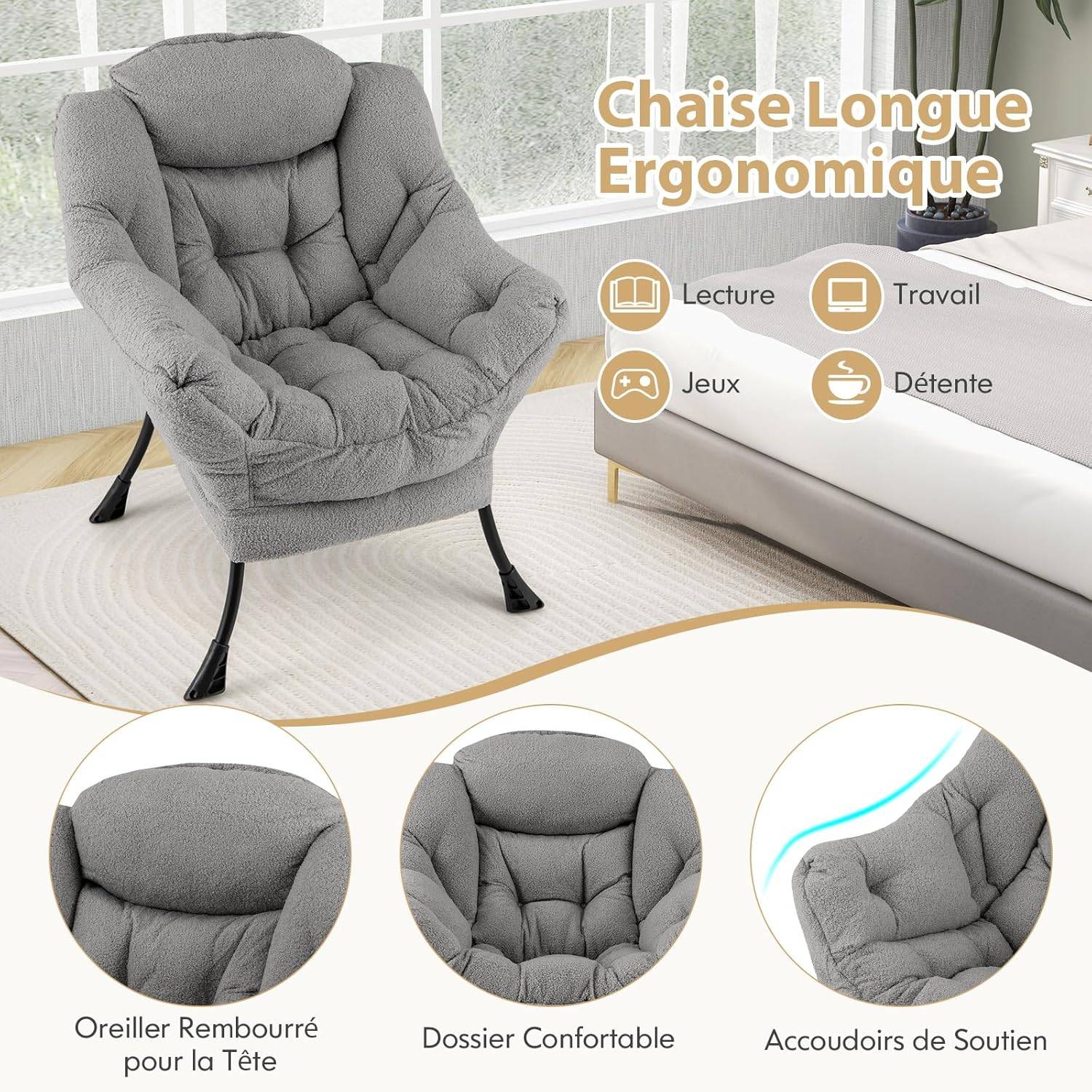 Costway - COSTWAY Fauteuil Salon Scandinave, Fauteuil Relax en Sherpa avec Oreiller et Poche Latérale, Fauteuil Chambre pour Lecture, pour Charger 150 KG (Gris) - Image 3