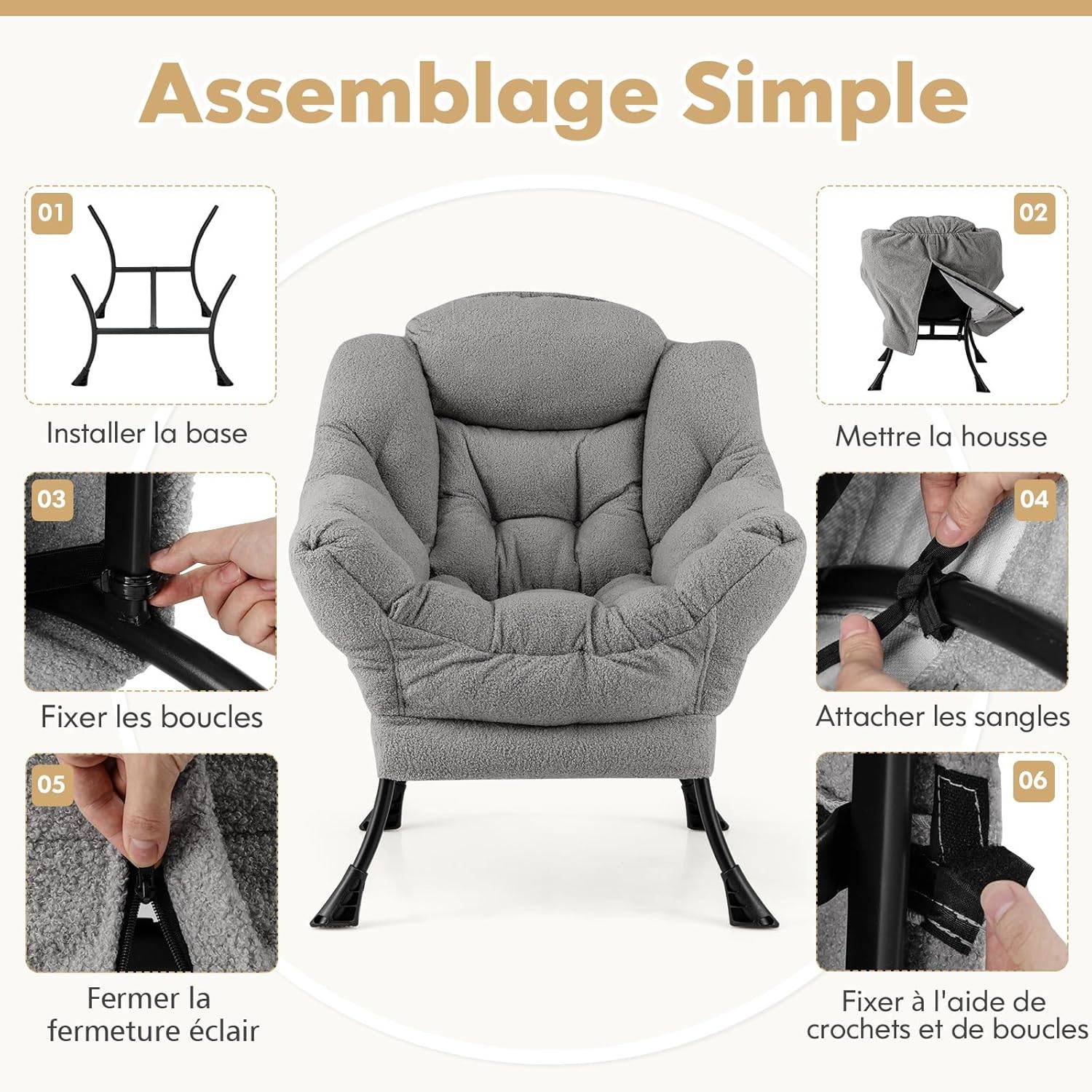 Costway - COSTWAY Fauteuil Salon Scandinave, Fauteuil Relax en Sherpa avec Oreiller et Poche Latérale, Fauteuil Chambre pour Lecture, pour Charger 150 KG (Gris) - Image 5