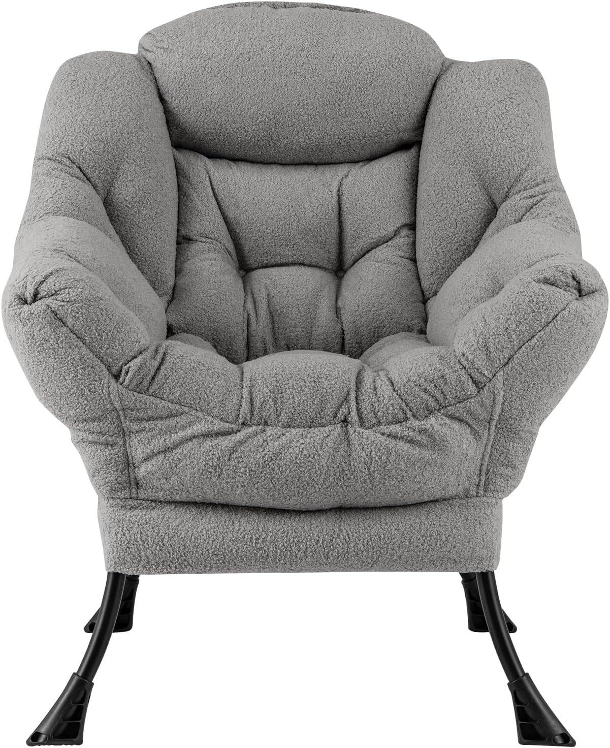 Costway - COSTWAY Fauteuil Salon Scandinave, Fauteuil Relax en Sherpa avec Oreiller et Poche Latérale, Fauteuil Chambre pour Lecture, pour Charger 150 KG (Gris) - Image 8