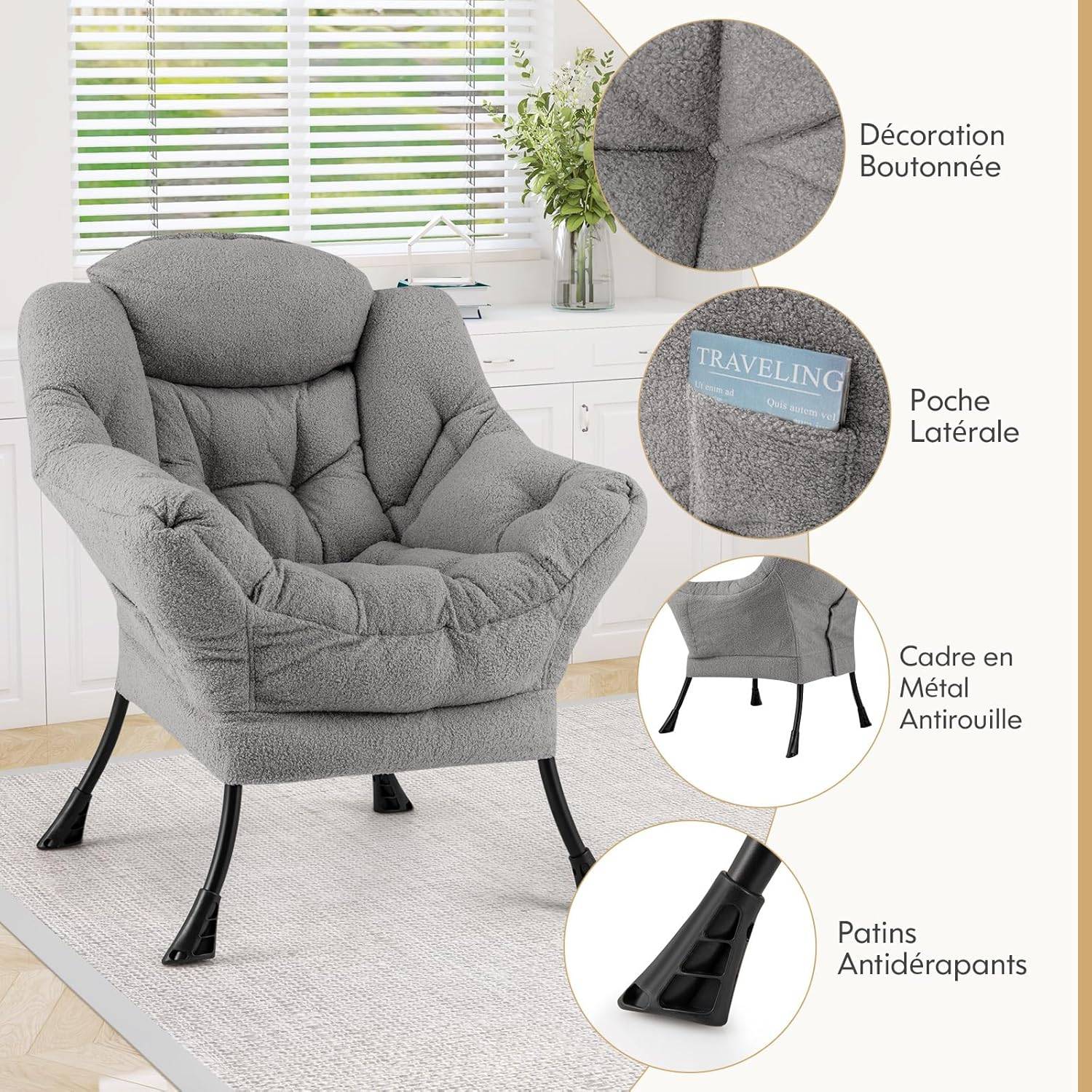 Costway - COSTWAY Fauteuil Salon Scandinave, Fauteuil Relax en Sherpa avec Oreiller et Poche Latérale, Fauteuil Chambre pour Lecture, pour Charger 150 KG (Gris) - Image 4