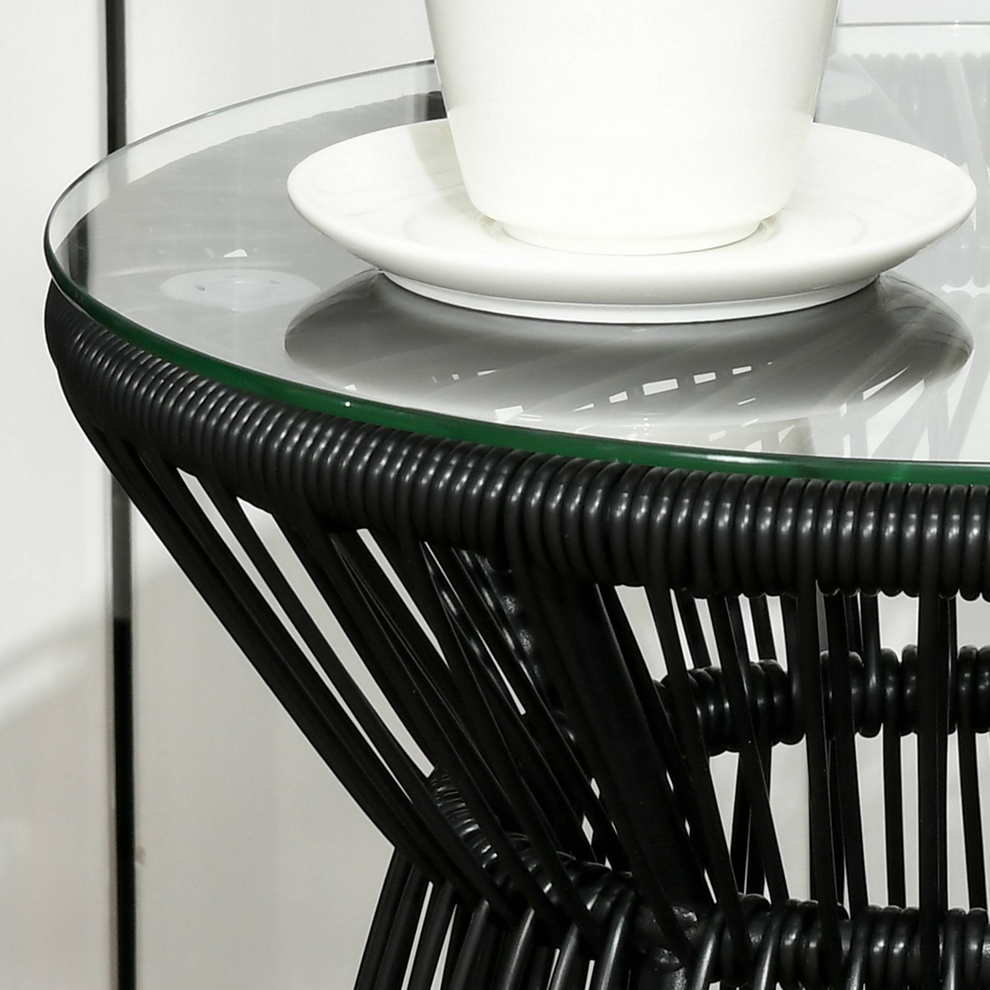 Sans Marque - Table de jardin ronde en résine tressée imitation rotin table de bistrot métal plateau verre trempé Ø 40 x 42 cm noir - Image 9